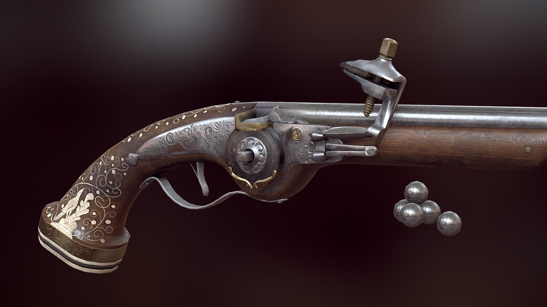 This dutch pistol from the mid 17th century is modeled after a piece found in the Rijksmuseum at Amsterdam. The wheellock was used from the late 15th to 17th century as a more advanced, reliable and expensive variant to the matchlock.

More renders and details: https://www.artstation.com/artwork/xgl52

Source: https://www.rijksmuseum.nl/nl/rijksstudio/kunstwerken/vuurwapens/objecten#/NG-2002-23-99,6

Made with Blender and Substance Painter
Model is rigged and ready for use ingame.
