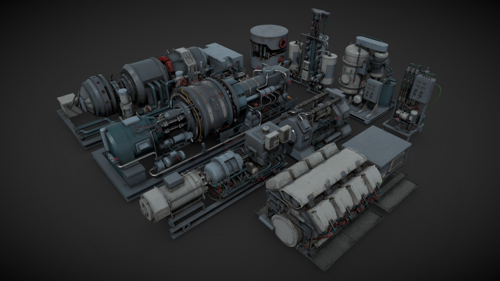 9 models of machinery devices for industrial visualizations \n\nPainted and heavy rusted PBR textures included \n\nNon overlapping UVs.
