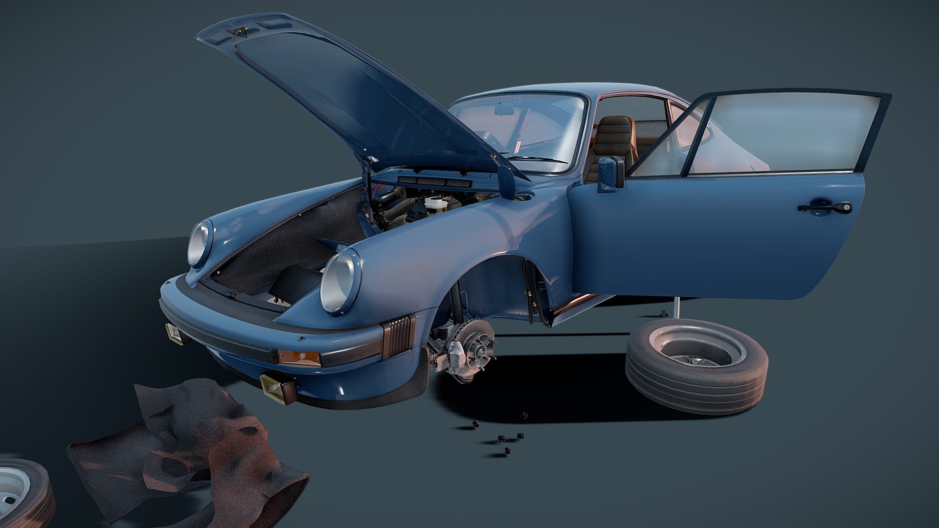 This is my contribution to the digital car creation. It started as a simple model but adding more and more detail led it to the current state. The demo animation should give you some ideas what's inside the package but it doesn't include everything.

I wasn't able to optimize it for sketchfab without loosing too much quality (normally I'd hide parts of the model) so it'll take a bit to load the textures and unfortunately (also for me) some of you (with slower GPUs) will struggle a bit to see the content - in that case, please pause the animation.

It's a complete model of the 911SC from &lsquo;83. It's completely unwrapped, with painted textures and rigged. The rig is of course made for this animation but I'll attach a different one suitable for Unreal Engine.

Hope you'll like it.