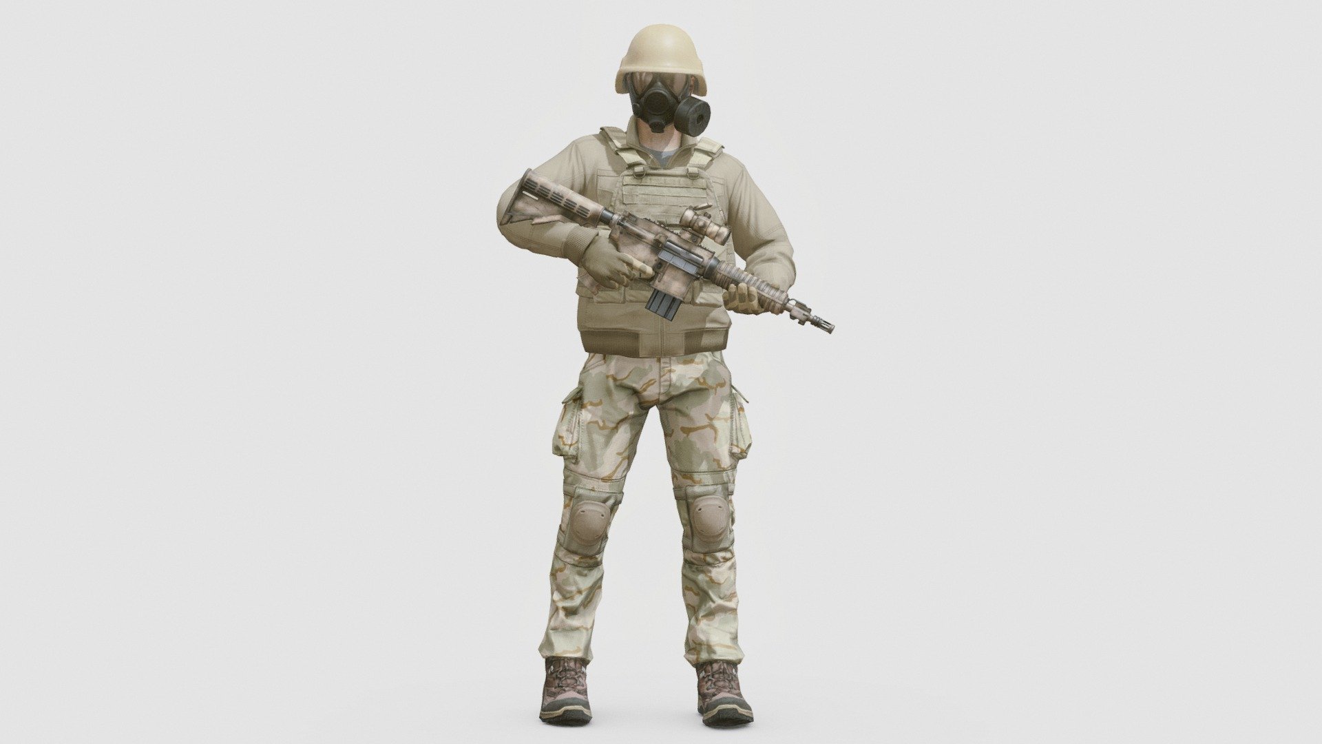 Soldier in modern combat uniform with gas mask and plate carrier.

Separate materials for body, headear, gun and scope.

4k PBR textures for headgear, body and gun. 1k for the scope.


For creation of this character I used and edited few of the assets available on Sketchfab.


List of assets:

Pants by Dubel https://skfb.ly/oBOyJ

Jacket by Nick Scott https://skfb.ly/6YRSE

Vest by csheffield https://skfb.ly/6WSMT

Boot by hippieandcorporate https://skfb.ly/6UvoD

Gloves by rubiez https://skfb.ly/6wZZ9
