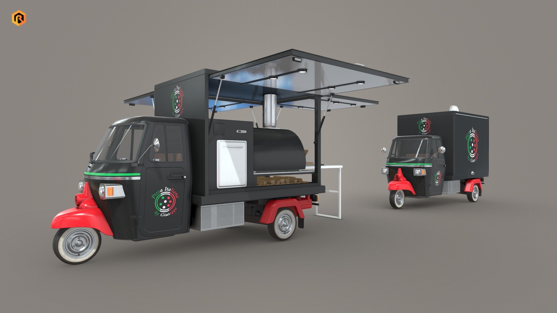 Low-poly PBR 3D model of Food Truck.  \n\nThere is open and closed trailer version of the model included. \n\nYou can also get this model in a collection: https://skfb.ly/oJyQt\n\nYou can also visit my store page to find other themes of food carts.\n\nThis model is best for use in games and other VR/AR, real-time applications such as Unity or Unreal Engine. It can also be rendered in Blender (ex Cycles) or Vray.\n\nTechnical details:\n\n\n\n\n6 PBR textures sets\n\n (Main Body, Alpha, Emission, Trailer Main, Trailer Alpha, Trailer Emission) \n\n29080 Triangles\n\nThe model is divided into few objects: main body, wheels, doors, steering wheel, two trailer types (open and close) etc. \n\nLot of additional file formats included (Blender, Unity, Maya, etc.)  \n\nMore file formats are available in additional zip file on product page (See all files)\n\nPlease feel free to contact me if you have any questions or need any support for this asset.\n\nSupport e-mail: support@rescue3d.com