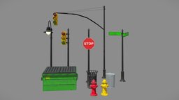 Street and City Props Dumpster Traffic Light traffic, dumpster, trash, can, sign, ready, metal, props, fire, hydrant, metallic, stop, game, city, street, light