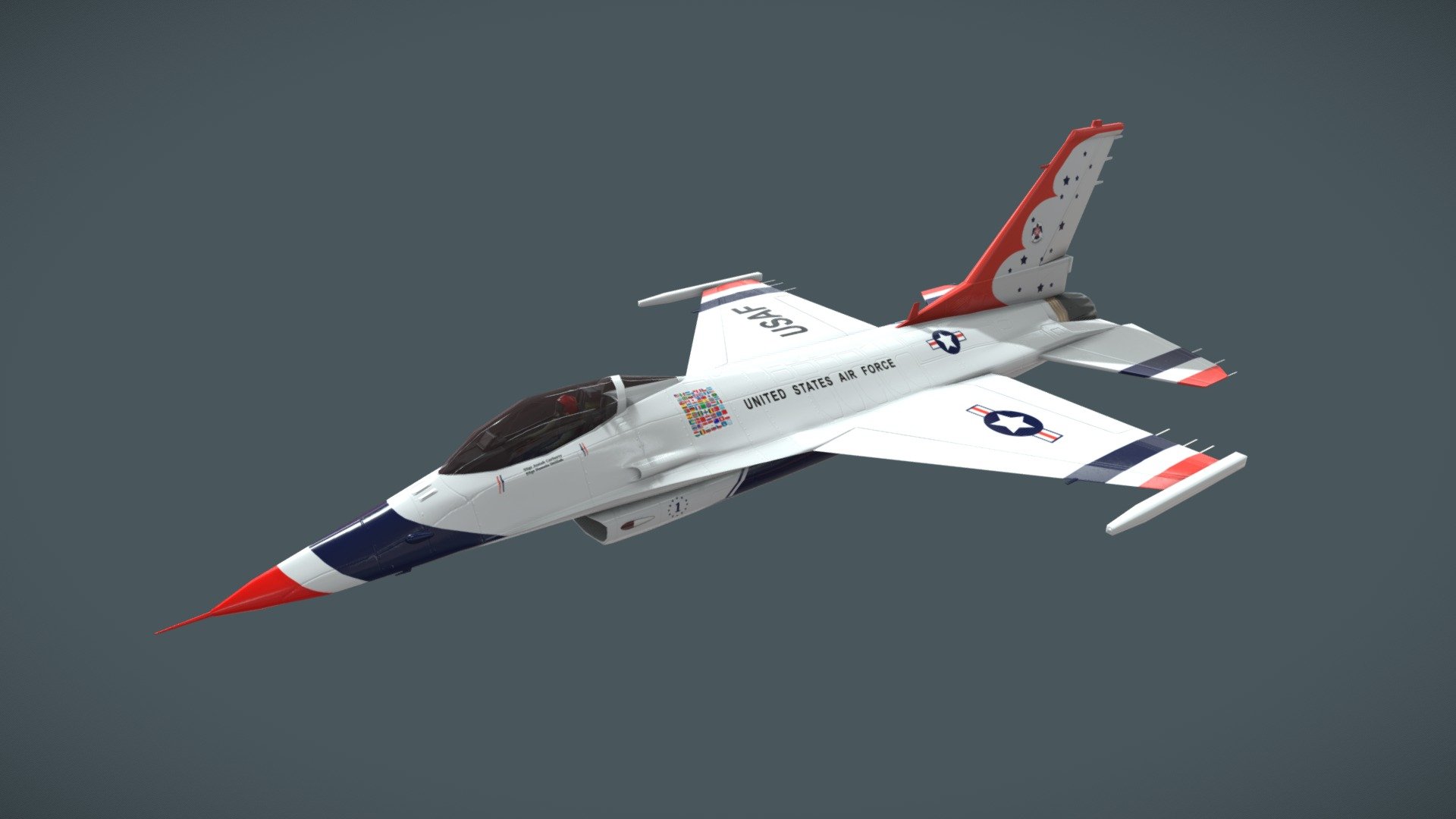 Low poly model of a USAF F-16 Thunderbird.

Modeled in Maya. Textured in Substance Painter.