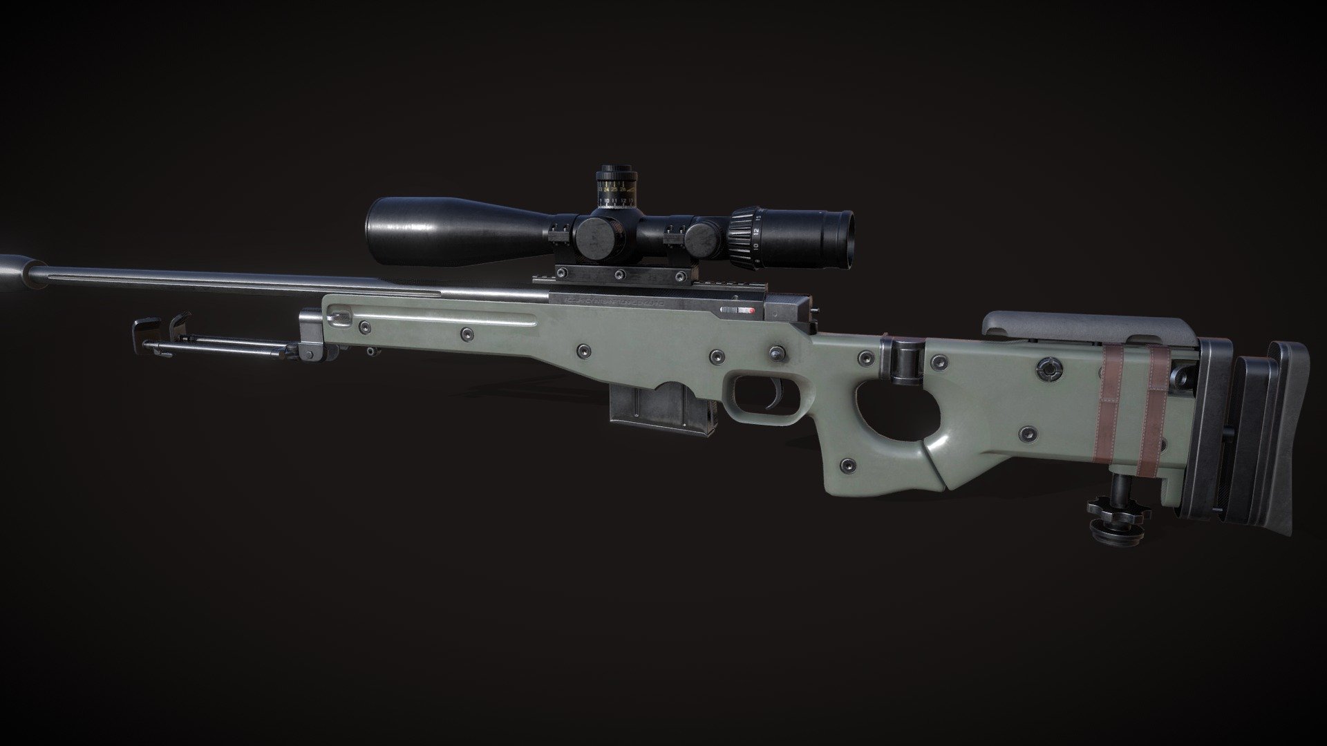 Accuracy International AWM sniper rifle in .338 Lapua Magnum with a Schmidt &amp; Bender scope, Parker Hale bipod and a leather ammo holder. Modeled in blender. Texture set maps baking in Marmoset Toolbag 4. Texturing in Adobe Substance 3D Painter.

ArtStation: https://www.artstation.com/artwork/6NVGEn
