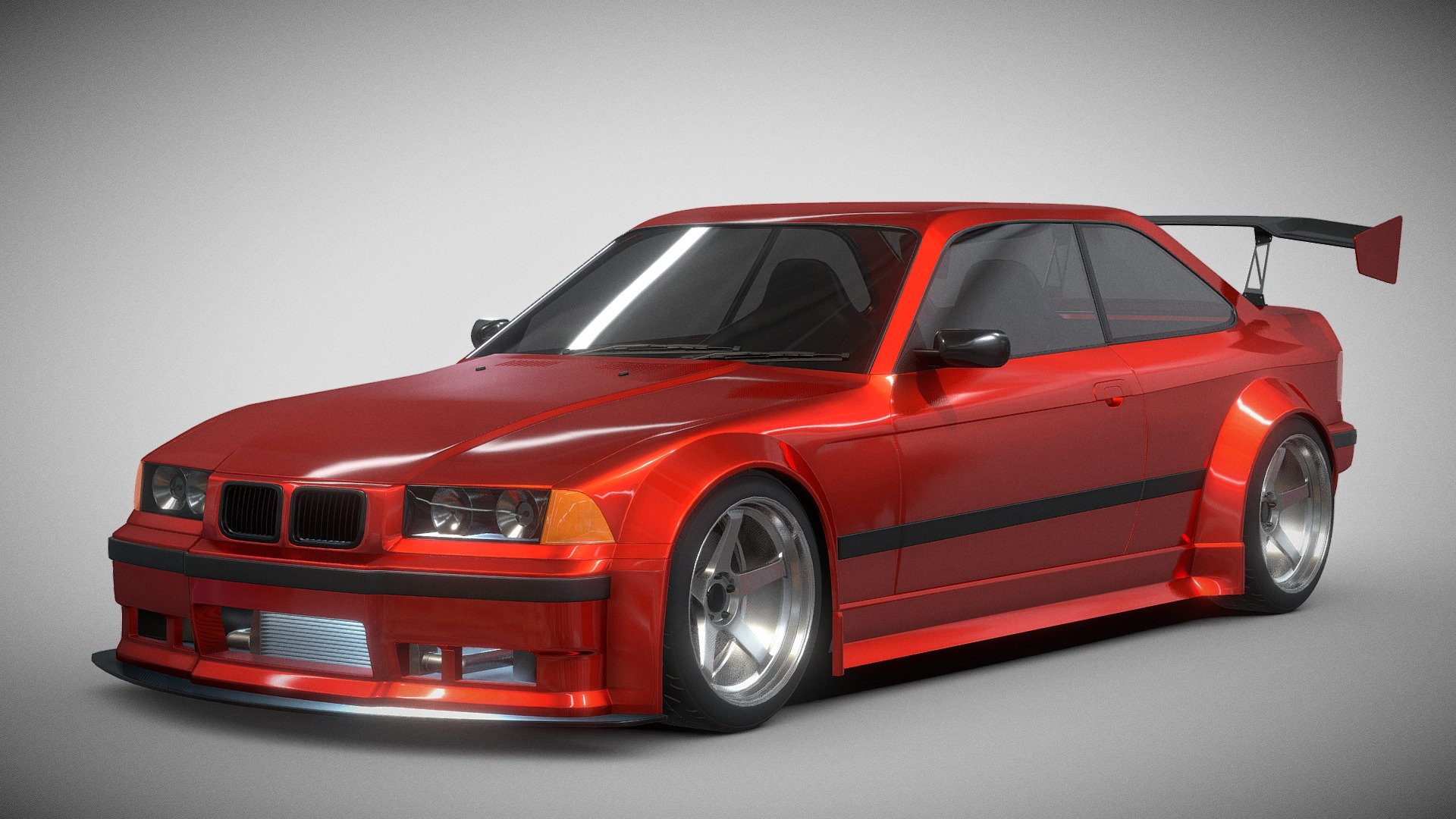 A 3D model of the BMW E36 with the widebody modifications I made. I made this according to my imagination, which was also inspired by some modified BMW E36s in the real world.

Model render
