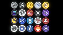 20 Cryptocurrency coin pack with cartoon style tron, stellar, holo, bitcoin, ripple, infinity, terra, sandbox, litecoin, polkadot, shiba, inu, chainlink, solana, avalanche, ethereum, cryptocurrency, decentraland, polygon, axie, cardano, binance, algorand