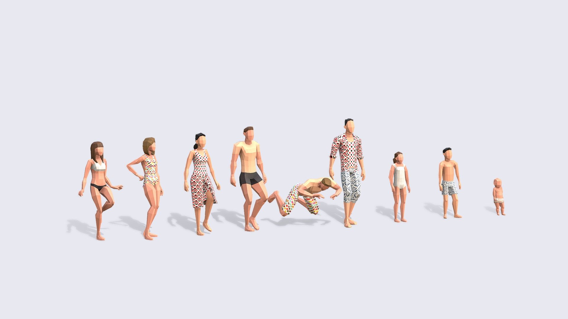 SUMMER LOW POLY PEOPLE
A super versatile pack of Low Poly People where all models can walk, chat and interact. Plus all models can use the same or vary the 6 different textures.

INCLUDES:




Independent Rest Pose fin FBX, perfect for Animating with mixamo or your chosen platform

Independent Animated FBX file that includes all 9 looping animations -100 frames

Full Pack Blender Native file with all characters together.

Textures created for the pack.


Give some unique style to your crowds with our collection of low poly people.
*3RD GENERATION of Animated Low-Poly People and it will be included in The Compilation