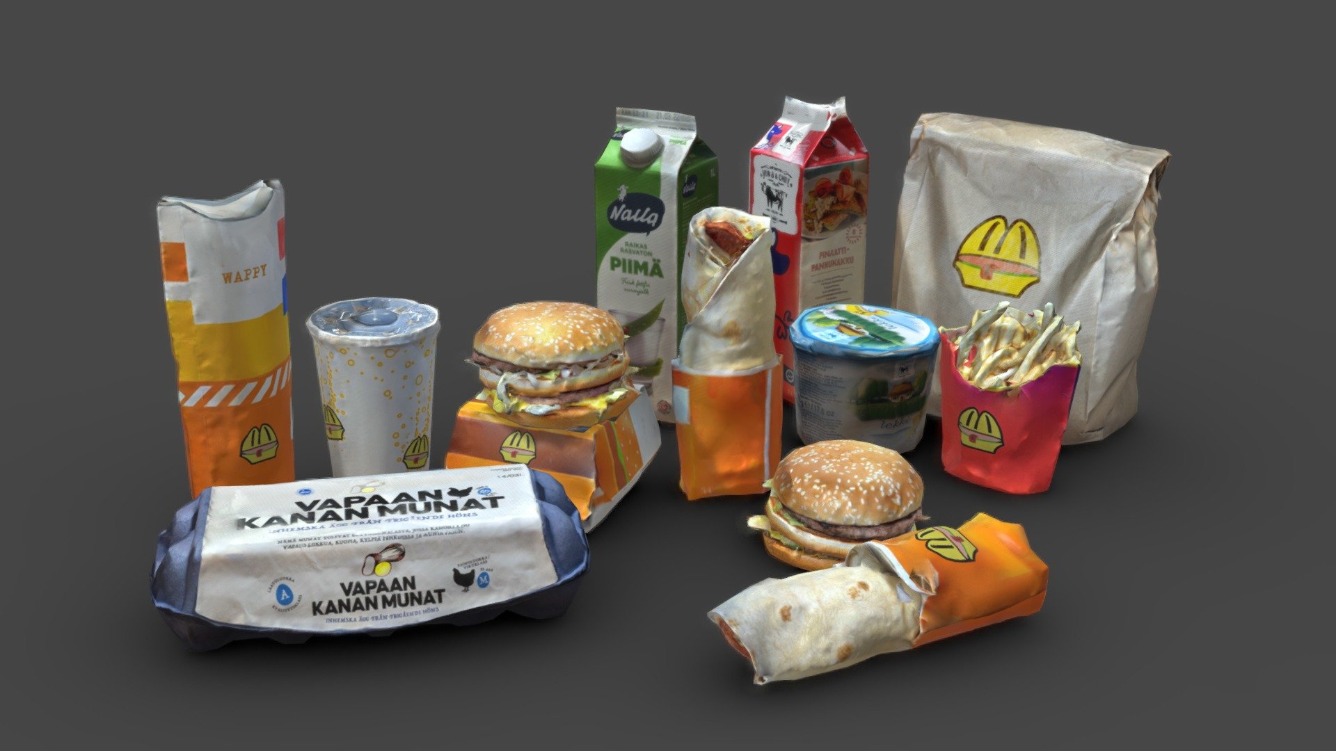 Here is 11 models of food, drinks, and fast food that have been photoscanned, made game-ready, and are unbranded