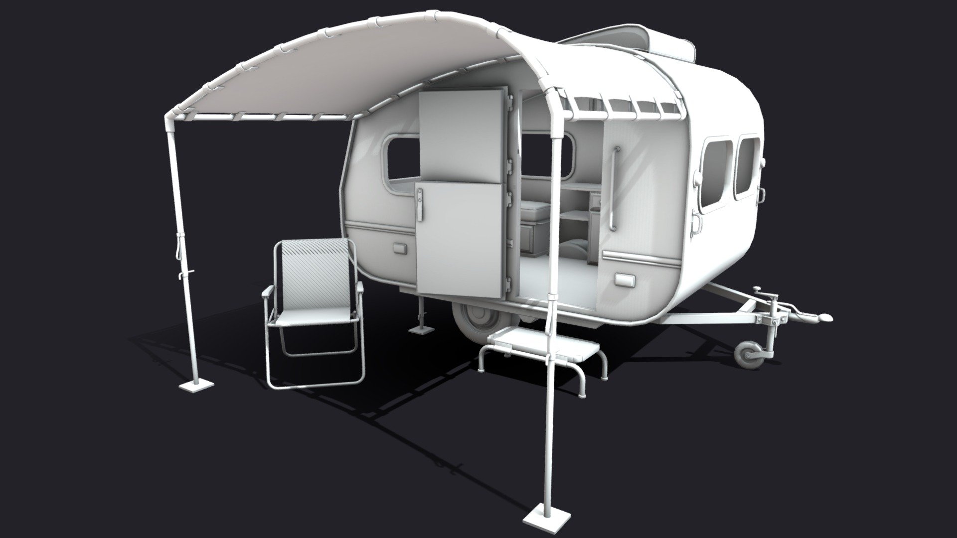 Retro camper scene with detailed interior and accessories: chair, canopy, step.