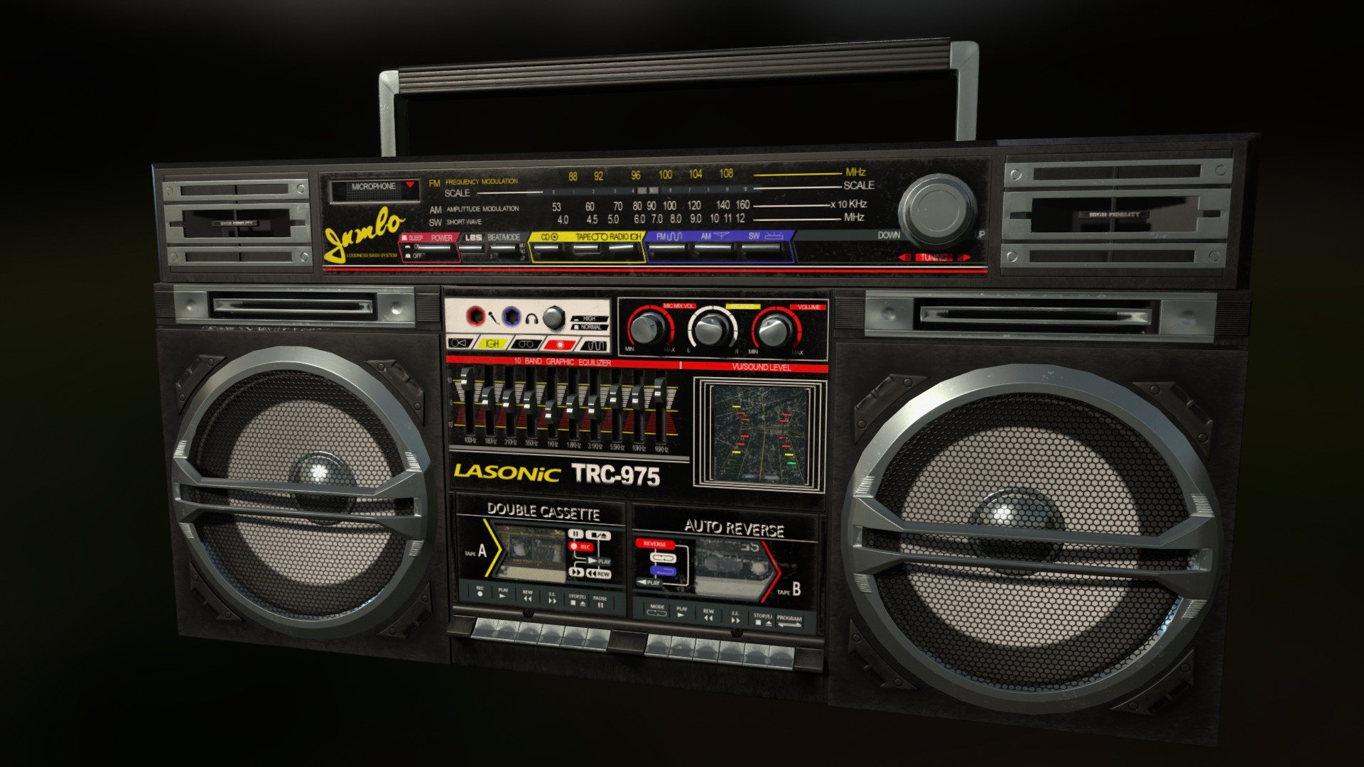 Lasonic TRC-975 boombox, modeled in 3dsmax and textured using substance painter 2 and photoshop.