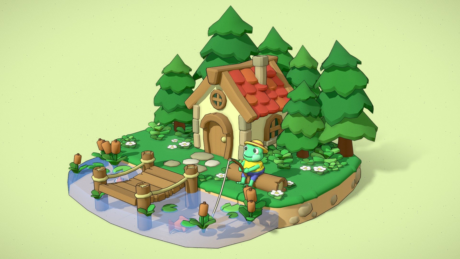 A small lowpoly scene.
This froggy is catching some fishies outside his little house.
Enjoy!