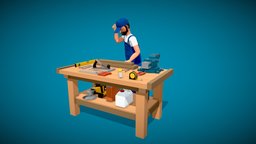 Low poly Worker hammers a nail instrument, mechanic, hammer, master, industry, craft, equipment, service, worker, job, tool, professional, builder, repair, carpenter, woodwork, workbench, loop, using, contractor, carpentry, nail, cheerful, low-poly-art, low-poly-game-assets, workplace, workman, handyman, low-poly-blender, foreman, character, low-poly, cartoon, 3d, lowpoly, man, animated, workshop, construction, repairman