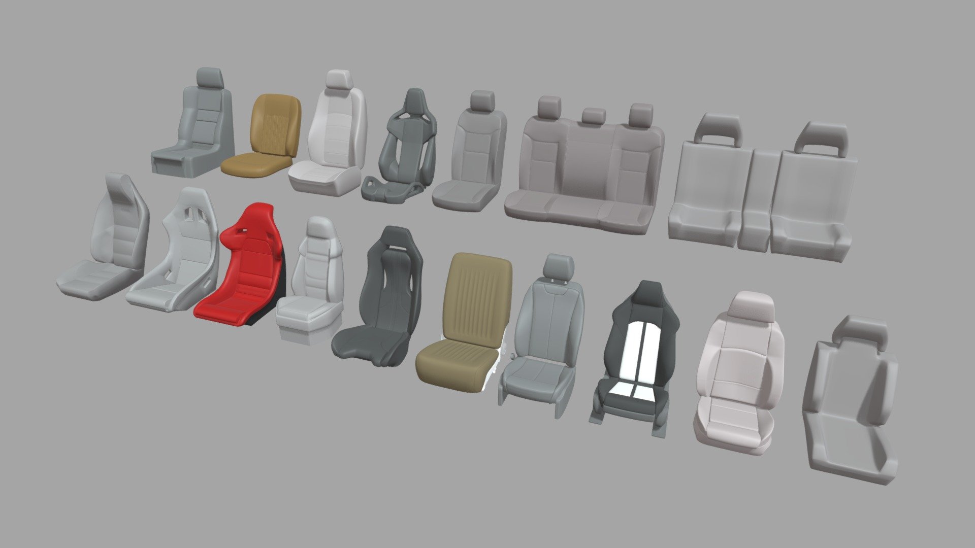 This model contains a Mega Car Seat Pack based on a real stylized car seat from a real italian and german sport car which i modeled in Maya 2018 and is available for selling as a full car containing interior and just exterior. This model is perfect to create a new great scene with different car pieces or part of a car model.

This model is one of a great collection of car parts and car seats that are modeled and separated in 3 different packs and every different car seat ready on my profile. Some of this seats are ready for printing and others not. Any doubt you have contact me. You will find each car seat available on my profile.

If you need any kind of help contact me, i will help you with everything i can. If you like the model please give me some feedback, I would appreciate it.

Don’t doubt on contacting me, i would be very happy to help. If you experience any kind of difficulties, be sure to contact me and i will help you. Sincerely Yours, ViperJr3D