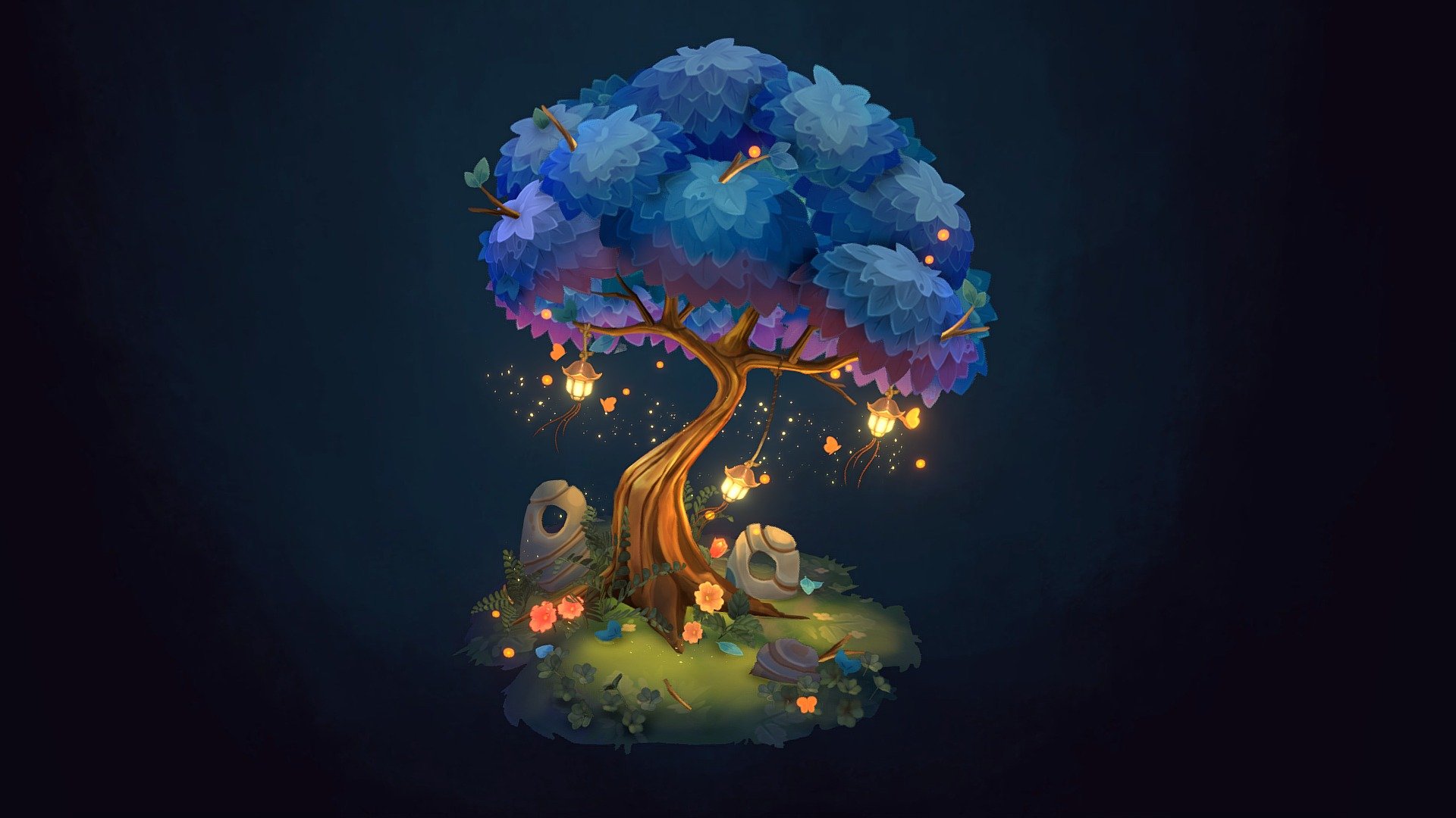 Artstation post: https://www.artstation.com/artwork/LeDqyA

This is my project for the second week of the CGMA Stylized Game Assets course.

I chose to create a 2.5D stylized scene of a piece of magical nature during nighttime.
This was really fun, especially the little plants and flowers on the ground.