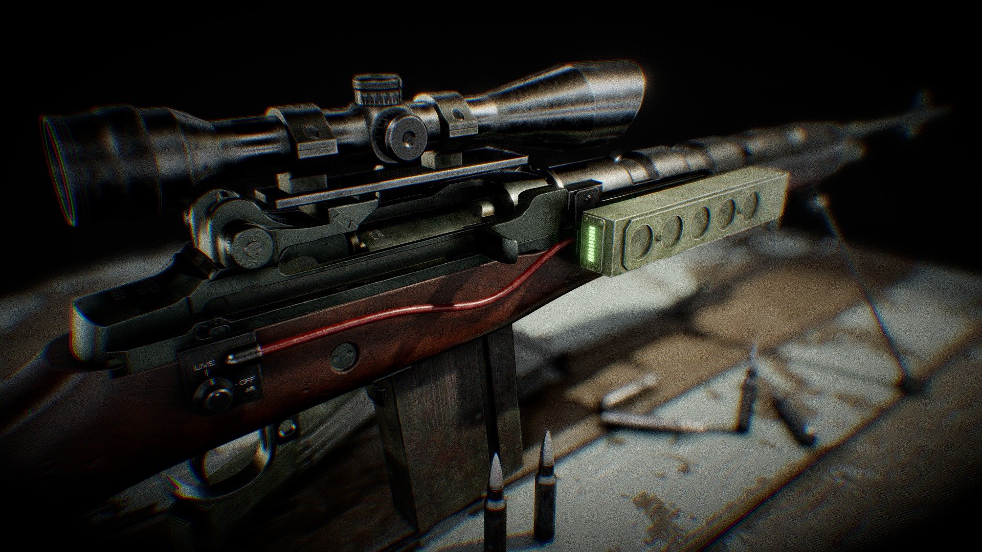 This is an M14 Battle rifle that has been converted to a prototype hybrid tech weapon. This was part of a series of weapons designed as part of a covert US military project that began in the mid 1960s. [REDACTED]. Project ATIW (Advanced Technologies Infantry Weapon). This particular prototype explored the idea of using chemical propellants and electromagnetism in tandem to fire the projectiles. The core of this weapon system operates mostly like a standard M14(without full automatic capability). Once the projectile is fired, a series of high powered electromagnetic coils further accelerates the projectile before it exits the barrel. The ammunition is comprised of a ferromagnetic core with a proprietary heat resistant tungsten alloy jacket that is capable of withstanding incredibly high temperatures and pressures.

[REDACTED]

The removable super-capacitor bank allows for 10 coil assisted shots, and coil assist can be toggled by using a dial on the right side of the weapon. 

[REDACTED].