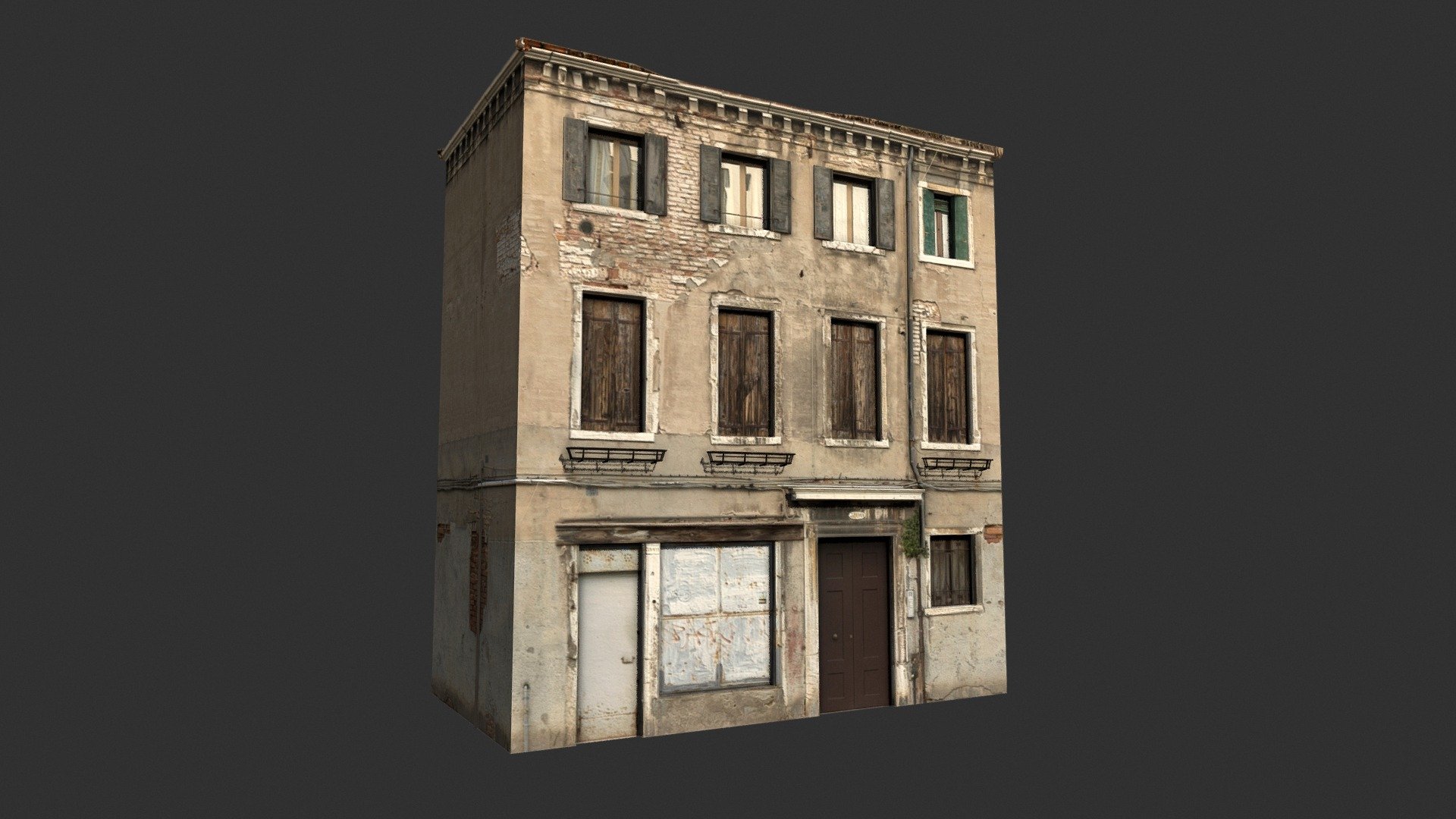A 3D model of a low poly old building. Exterior only, no interior.
