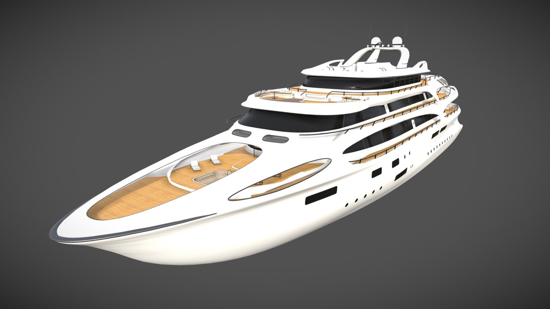 I fully designed this Yacht as an exercice of design. This model has nothing to do with any design team. The UV are developed, the Yacht is accountable with any game engine or other 3D software. The interior of the yacht is hardly modelled at all

Designed on Cinema 4D Animated with Xpresso, 50m long, 4 deck.

Animation : -The doors on the sides can be opened

Creating a design from scratch takes way more time than reproducing an existing one. This is why prices are a bit higher than some other products. The advantage is that my designs are royalty free, that means you can use it in any support.