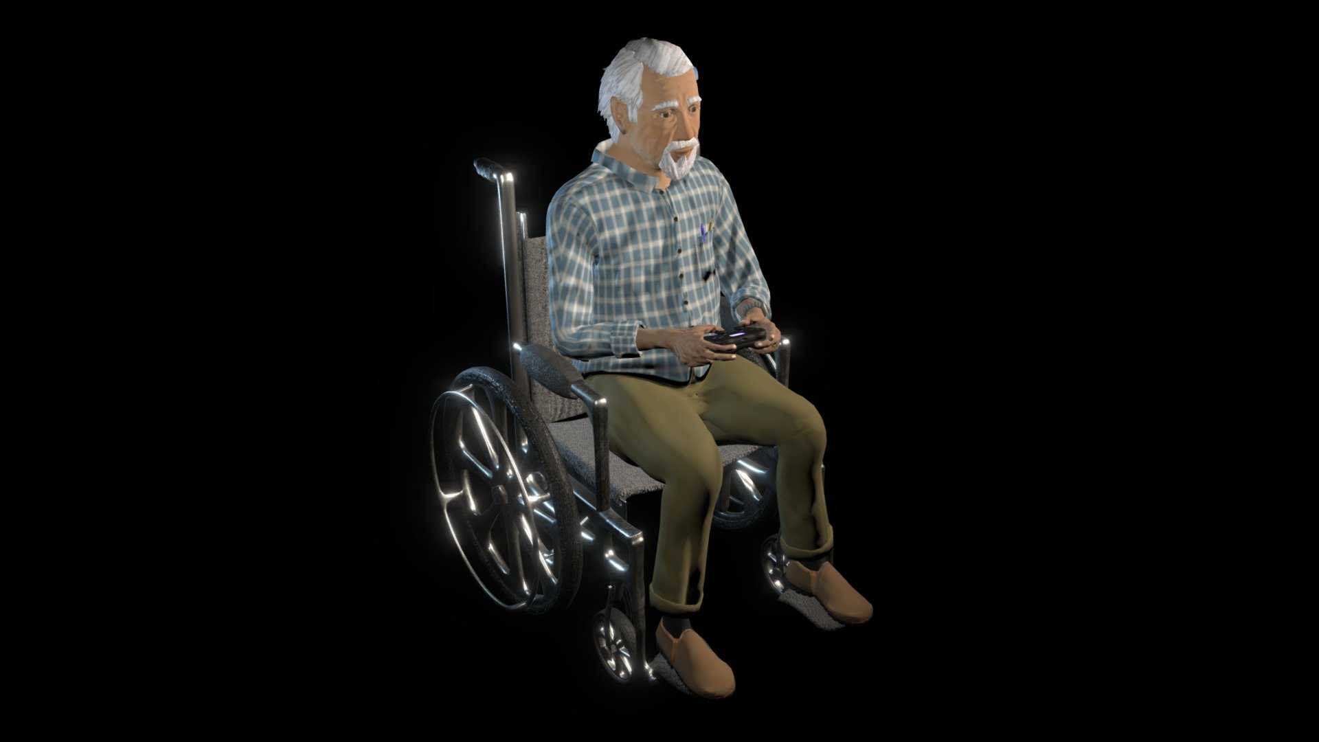 This old man holds a remote controller for playing with his inventions. His disability doesn't allow him to do sport anymore, he seeks joy in creating movable toys.