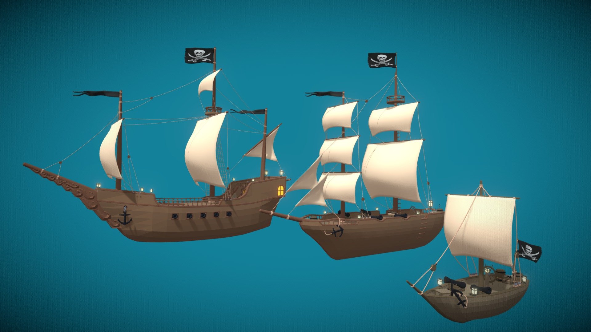 Low Poly pirate ship pack including 3 different ships in .FBX format, ready to use for Unreal Engine and Unity among others.

This pack includes the following ships:





Small ship (Sloop type)




Medium Ship (Brigantine type)




Large Ship (Galleon Type)



Also check out my other pirate / island themed assets: https://sketchfab.com/RagingRocket/models