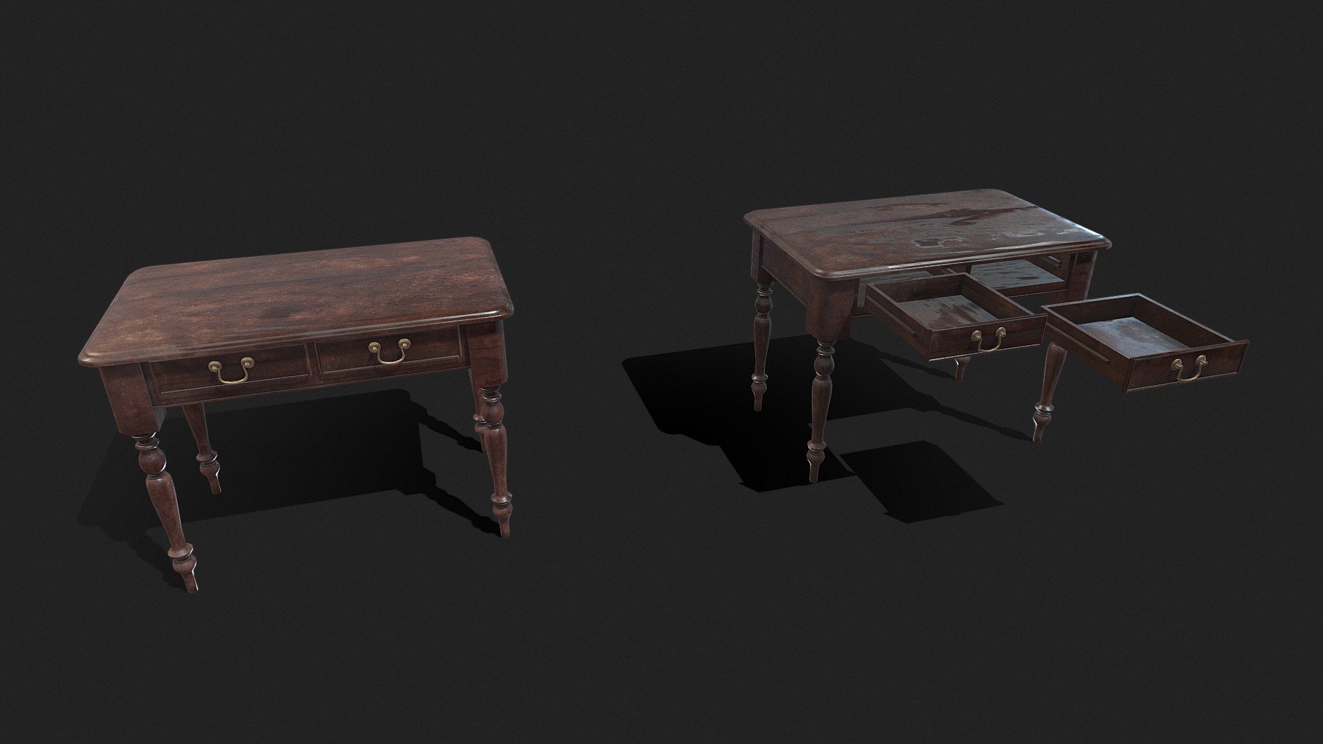 An vintage desk. The drawers are separated from the desk and openable.

It has 2 materials, one more dark than the other.

Both materials(Light and Dark) have 2048x2048 textures packs (PBR Metal Rough, Unity HDRP, Unity Standard Metallic)





PBR Metal Rough- BaseColor, AO, Height, Normal, Roughness and Metallic;




Unity HDRP- BaseColor, MaskMap, Normal;




Unity Standard Metallic- AlbedoTransparency, MetallicSmoothness, Normal;




Unreal Engine 4- BaseColor, Normal, OcclusionRoughnessMetallic;



The package also has the .fbx, .obj, .stl, .dae and .blend file.