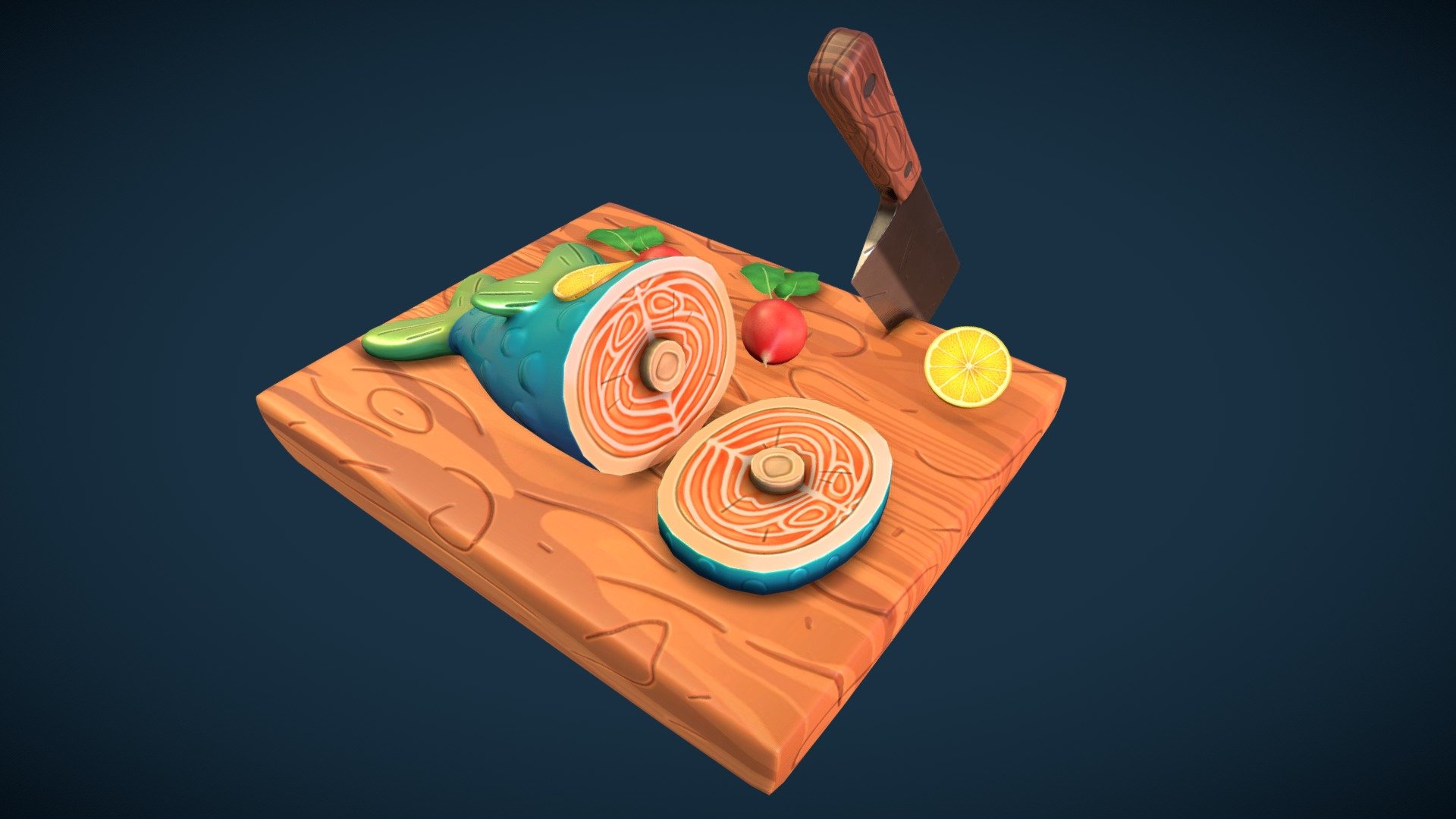 A delicious low poly fish prop with cuttingboard, knife, and radishes. Ready for to be in an in game prop.
Will be sold on my Artstation profile.
Created in Blender by me for any game, vr, vr chat, personal use.