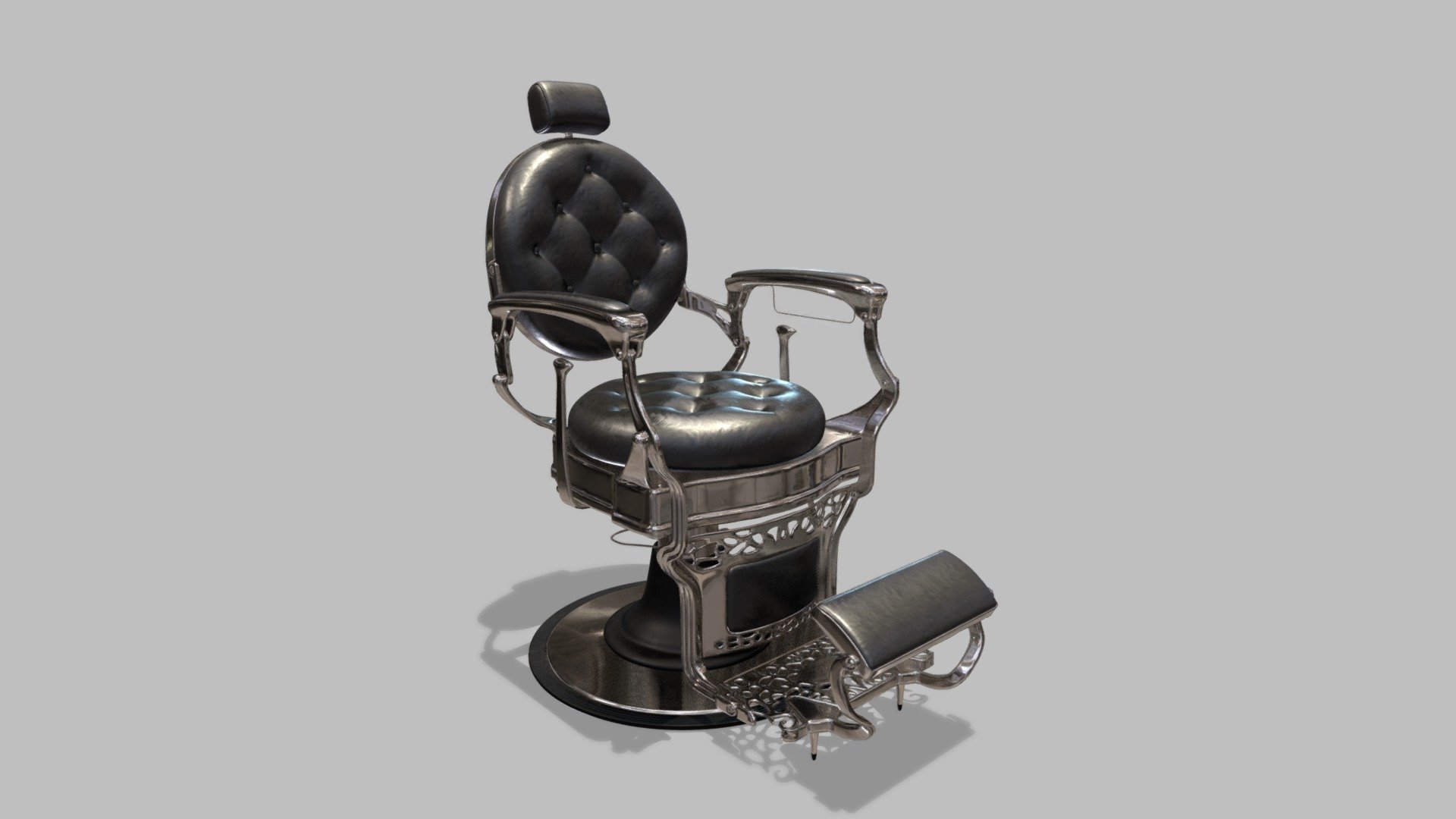 This upscale barber chair features solid steel construction throughout, with a sleek high-polished finish. The Capone's durable rounded seat &amp; back cushions are adorned an exquisite black vinyl covering, as are the chair's padded armrests and classic flip-style footrest.