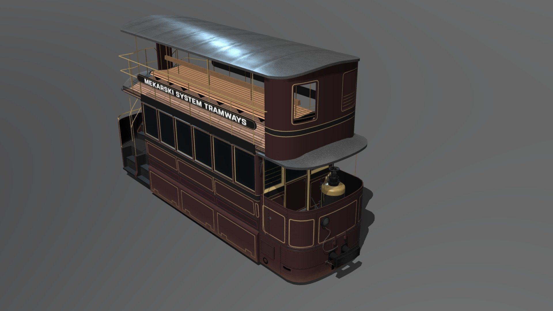 


History 
The Mekarski system was a compressed-air propulsion system for trams invented by Louis Mékarski or Louis Mékarsky in the 1870s.The system was promoted as being suitable for use in congested streets and in tunnels, as compressed air produced no smoke or flames, and thus would not disturb horses or fill the carriage with soot and sparks like a steam engine. The system was tested in Paris in 1876 and introduced to the tramways of Nantes in 1879. It seems to have been a success at Nantes with a fleet of 94 trams in 1900. The Mekarski tramcars continued in use there until 1917, when they were replaced by electric trams.




Model details
Asset was developed while using somewhat limited resources. Most of the pictures were black and white, thus I had to rely on scaled models and paintings for the color correction.


