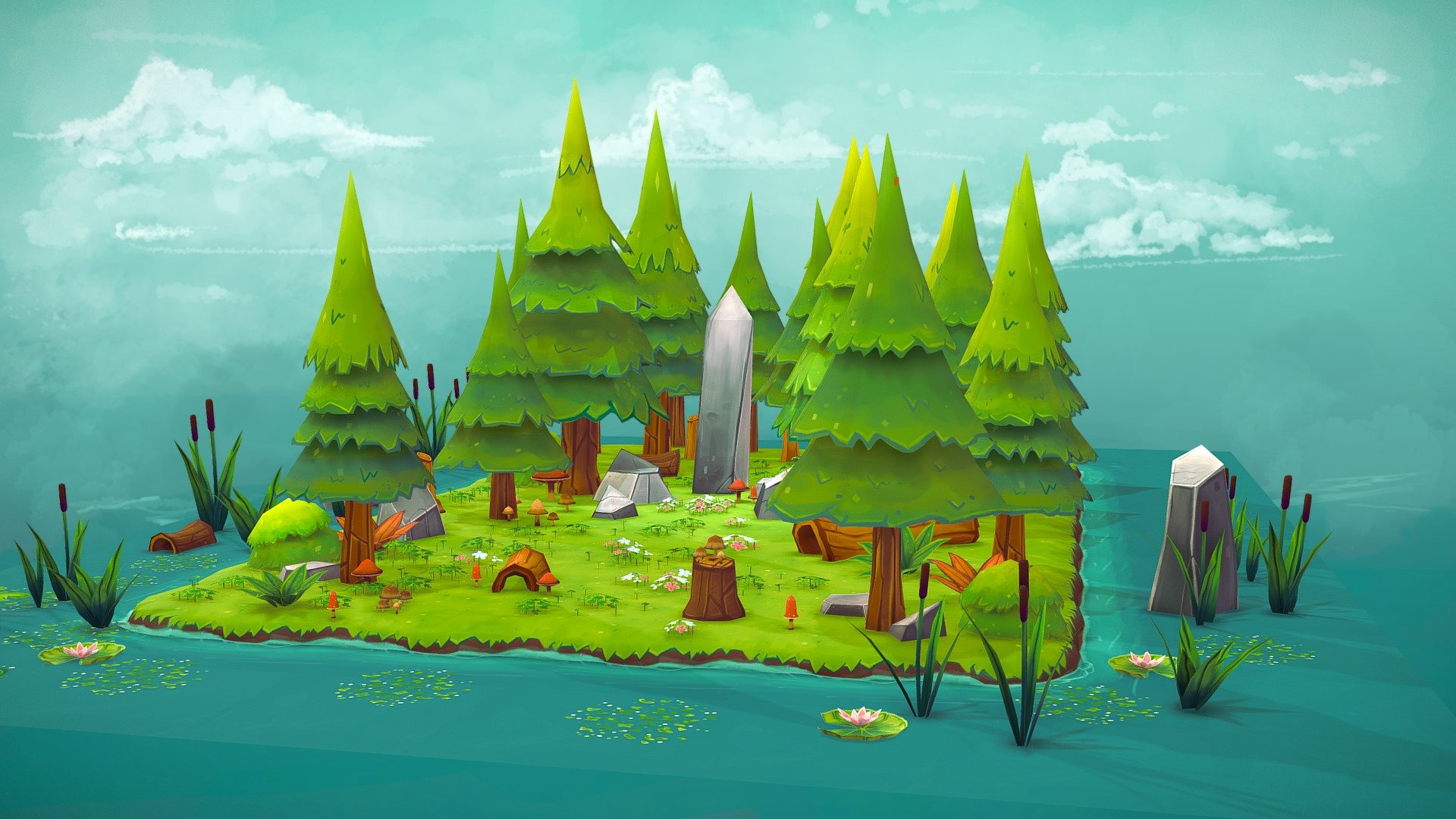 Here is a little asset pack preview with the models I created last year for an indie game called Neon Child by Robert Wiggin. This one shows most of the forest assets together. 
Everything is handpainted on diffuse textures.