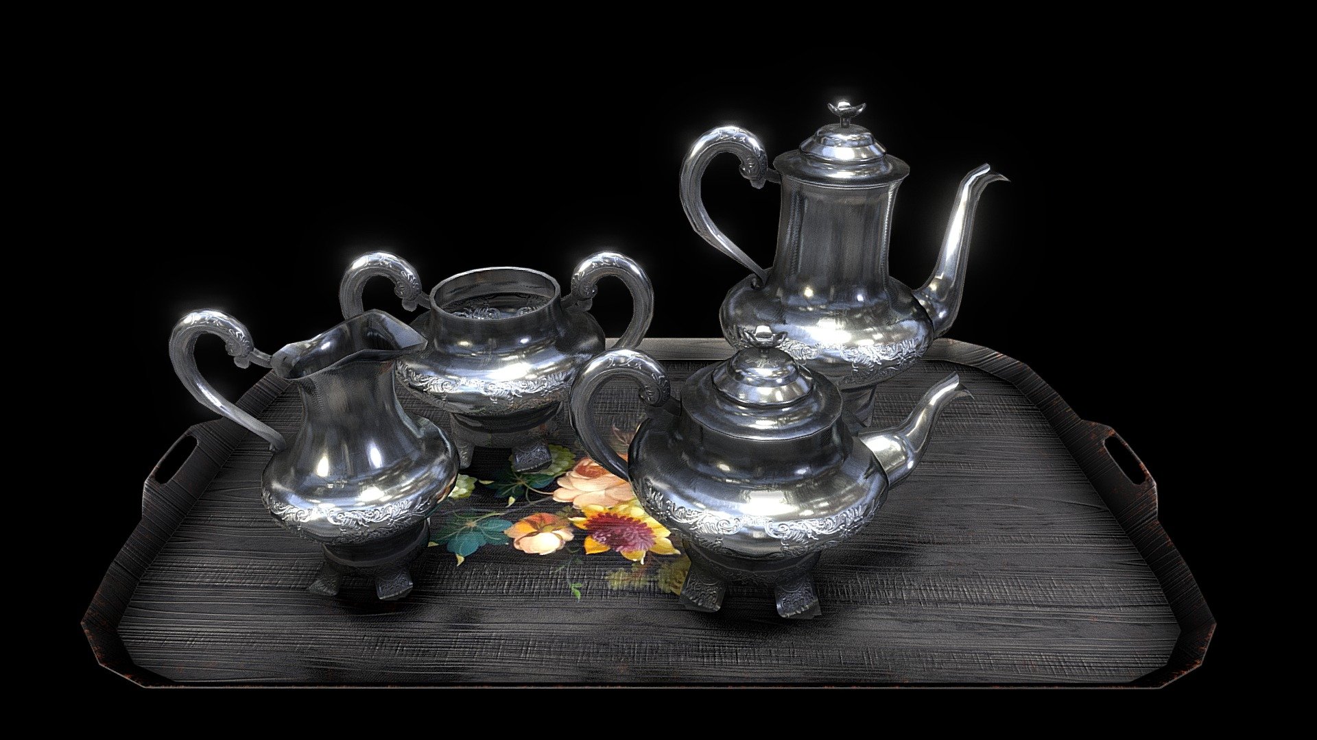 A Victorian four-piece tea set (London, England, 1851-1852) of fine silver with floral and begetal decorations together with a wooden tray decorated with flower painting. Created with low polygonage for any use.