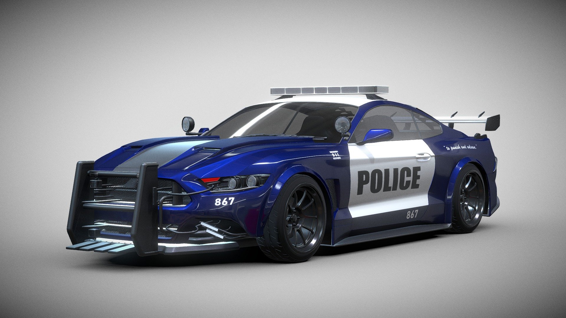 This is a 3D model from American muscle car with police attributes that I made.

I made this model because it was inspired by the character Decepticon Barricade in the movie Transformers 5 (The Last Knight) which was released in 2017. Therefore, I, as a fan of the Transformers films, made this model in 3D.

The interior of the car is not detailed, because I only focus on the exterior.

Car Render
