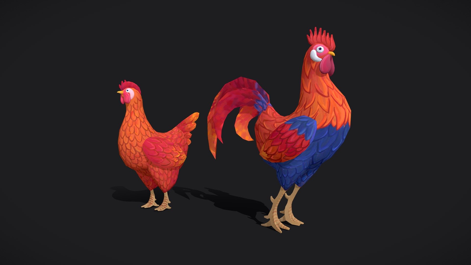 Rooster and hen 3d models 
Done in Maya, 3DCoat and Photoshop




Obj format

Handpainted texture

Optimized low poly

Non-overlapping UVs

2048 * 2048 texture
