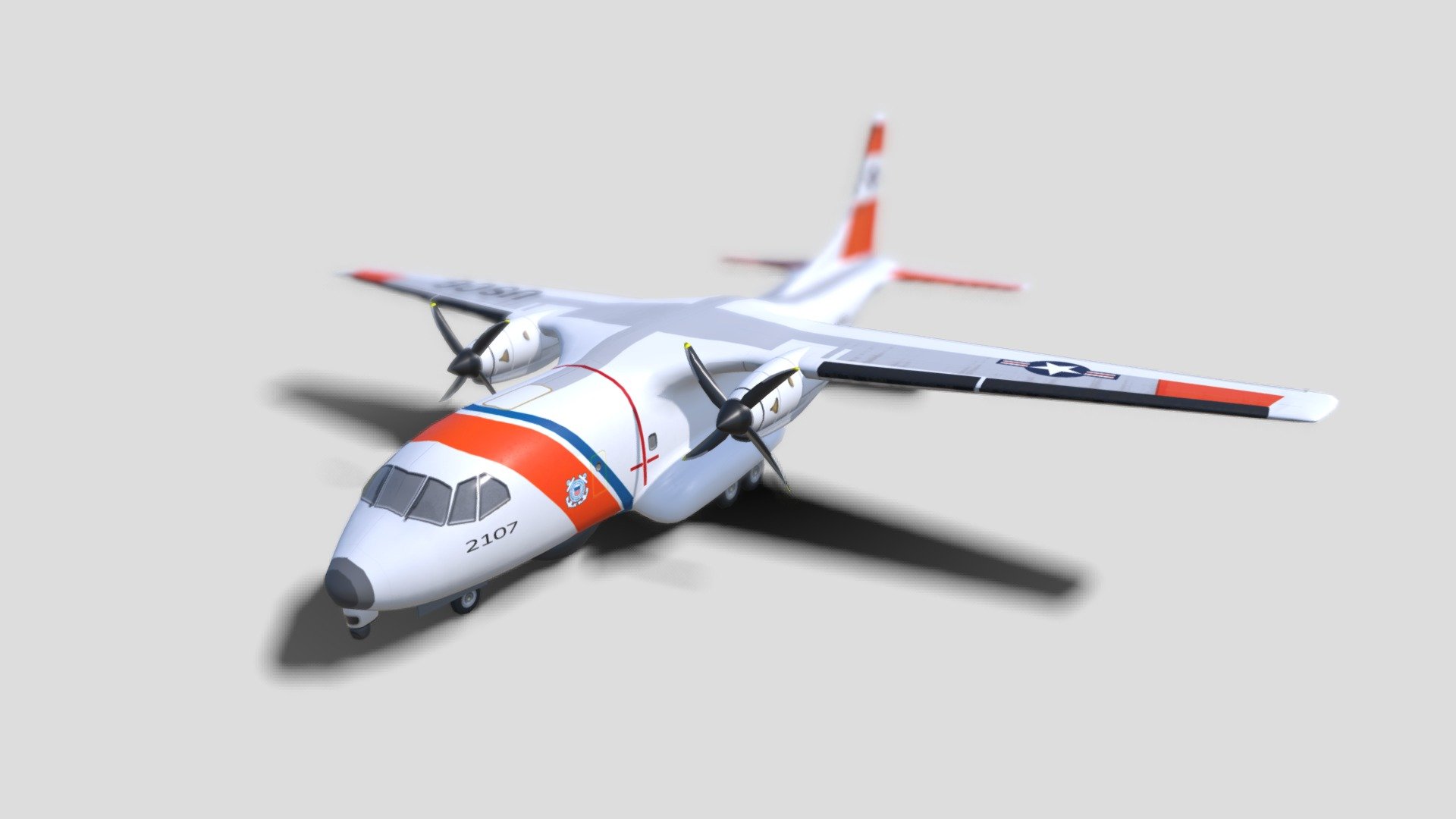 ASG-ISR

EADS CASA HC-144 Ocean Sentry US Coast Guard Marine Patrol Aircraft
Similar to CASA-235

Synthetic Environment Entity for use in Simulation and Training for Intelligence, Surveillance and Reconnaissance (ISR).

Separate Props objects and undercarriage can be controlled in-game.

Modelled in Blender

US Coast Guard Livery
Low poly model
Accuratly modelled off plan and using photo reference
1 LOD
2 UV texture map 4096
no animation
no materials
albedo map and basic roughness map
28862 triangles
Modelled in Blender using subdivision

CASA-235 cargo version available

http://www.euramec.com