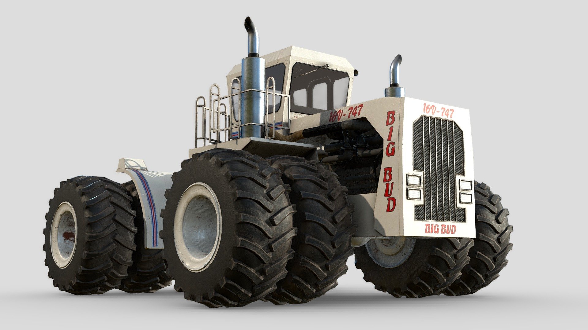 The Big Bud 747, the largest tractor in the world. 

Created in Maya, textured with Substance Painter. 

The model materials are broken up into 5 different peices with Cabin, Body, Wheels, Engine and Glass with their own unwrapped and UV'd textures. 
Textures are 4096x4096