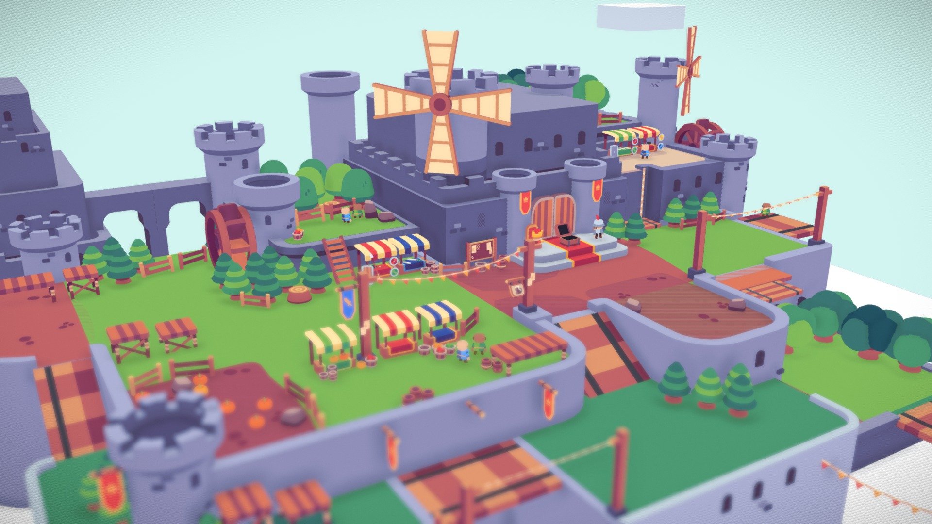 This is a small castle I made for one of my free games; with many windmills, above the clouds.
I also added some small characters. It was my first time rigging but I think it turn out pretty good, I liked it!
Thought it's not translated to english right now, you can see the game here if you want

I hope you like it :)