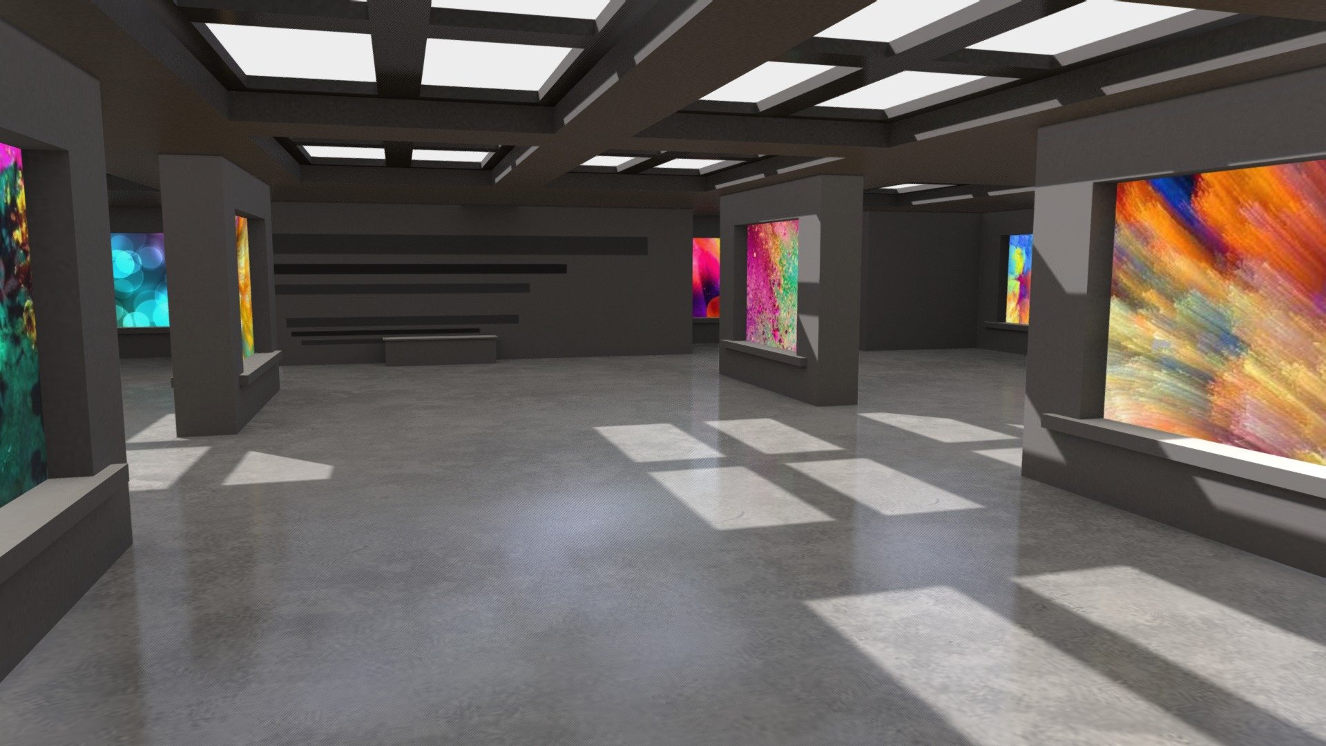 VR Art Gallery Showcase Presentation
Space for 16 photo images. 
Lighting baked in Blender

