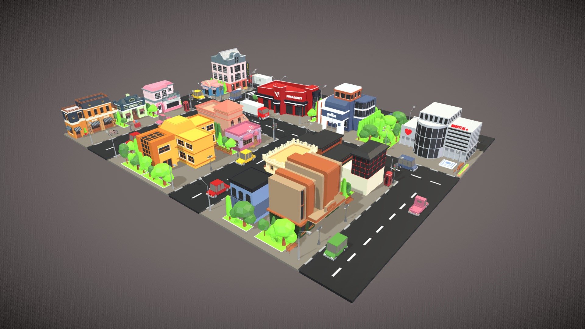 Thank you 
this package include 15 buildings and 6 cars, object
All the models can be Drage and dropped to make your own city
This pack contains:
15building 
1)hotel 2)book store e 3)boutique 4)bank 5)super market 
6)police office 7)café 8)post office 9)school 10)fire station
11)cinema 12)hospital 13)bakery 14)restaurant 15)beauty
Objects contain:
9trees in 2 colors ,6pots , public phone ,mail box, pond , bench 
,2tables, 2chairs , 3street lights, turn signal ,trash bin 
,bicycle,6cars,bus station
Average tris count:10000
Number of textures: 1
Number of materials: 1