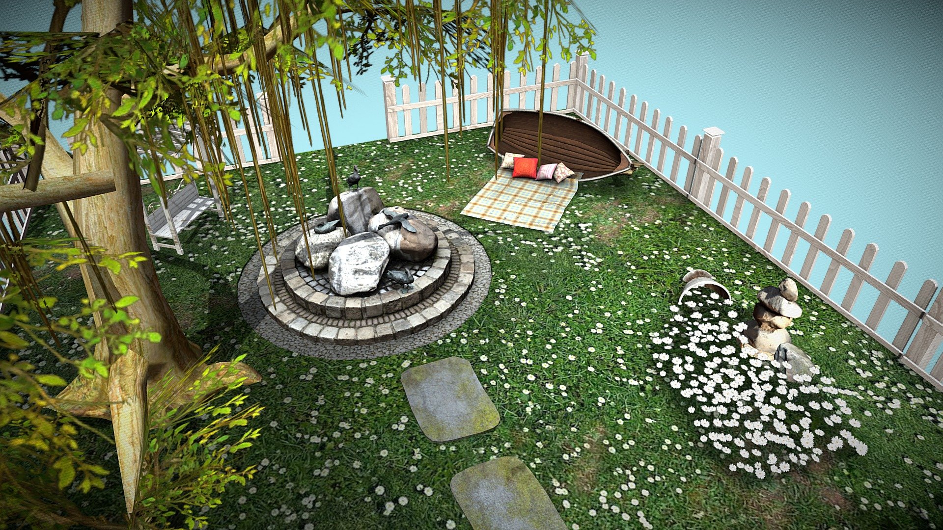A garden fun project made on Sunday.

Took a couple of hours of work, Most of the stuff and textures where made by me, things like the fountain and the vase were downloaded from sketchup optimize and used on my scene.
Have fun I hope you enjoy it