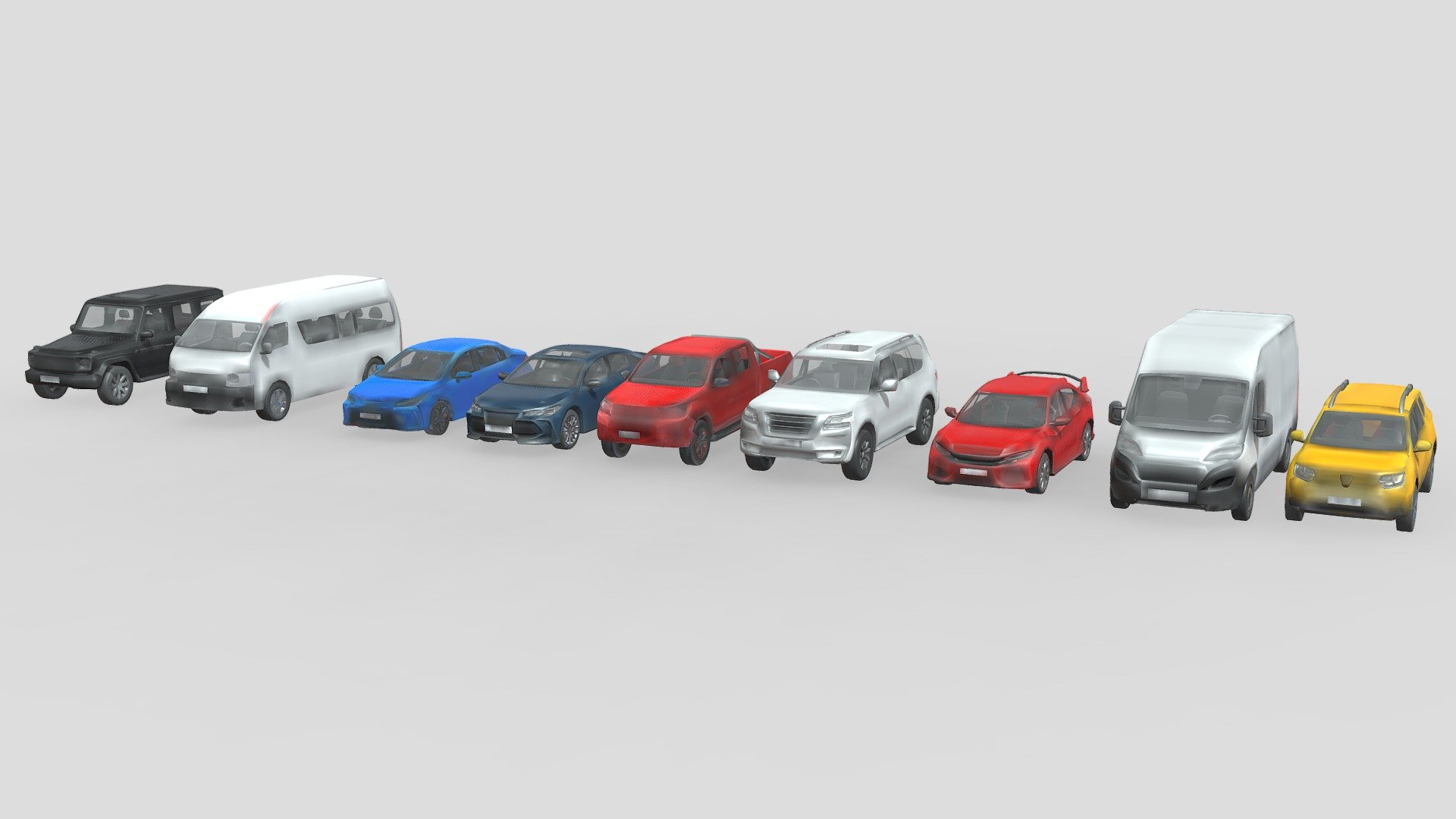 This models pack contain 9 different cars, with nice and clean geometry.

Features :
- Low poly cars, each cars only have about 7k polygons.
- It's included PSD file, so you can easily change the color (Using Photoshop).
- Nice detail, thanks to the baked-textures in 4K size.

Cars included in this pack:
-  Dacia Duster 2018
-  Fiat Ducato Van 2014
-  Honda Civic Type R 2018
-  Mercedes G Class
-  Nissan Patrol 2020
-  Toyota Avalon 2018
-  Toyota Corolla Sedan 2019
-  Toyota Hiace Van
-  Toyota Hillux Double Cab 2016

Buying this collection, you will save a large amount of money!