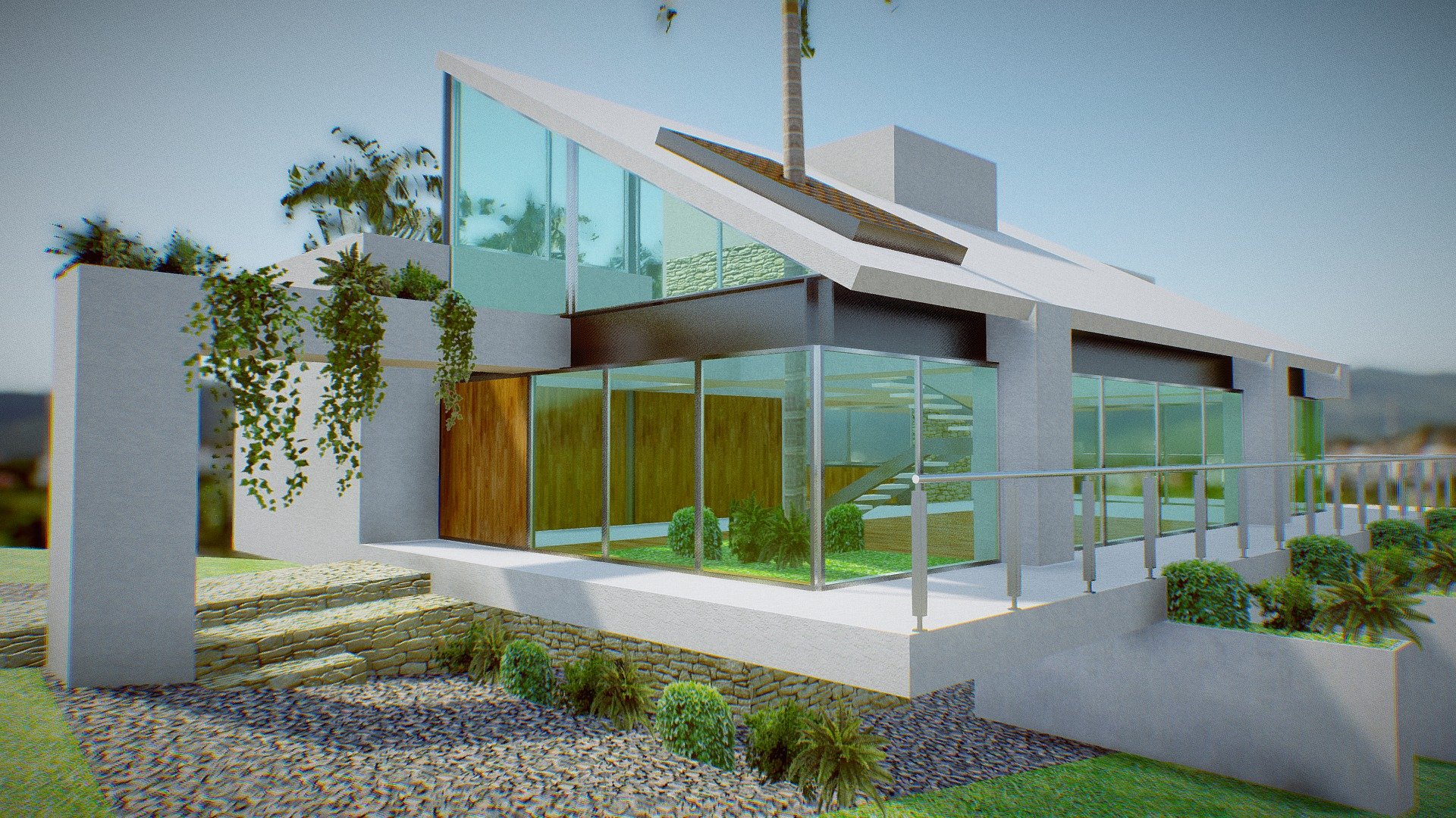 Modern House with glass, white concrete and steel beams in a cliff/mountain. Very opne spaces with private roof garden.