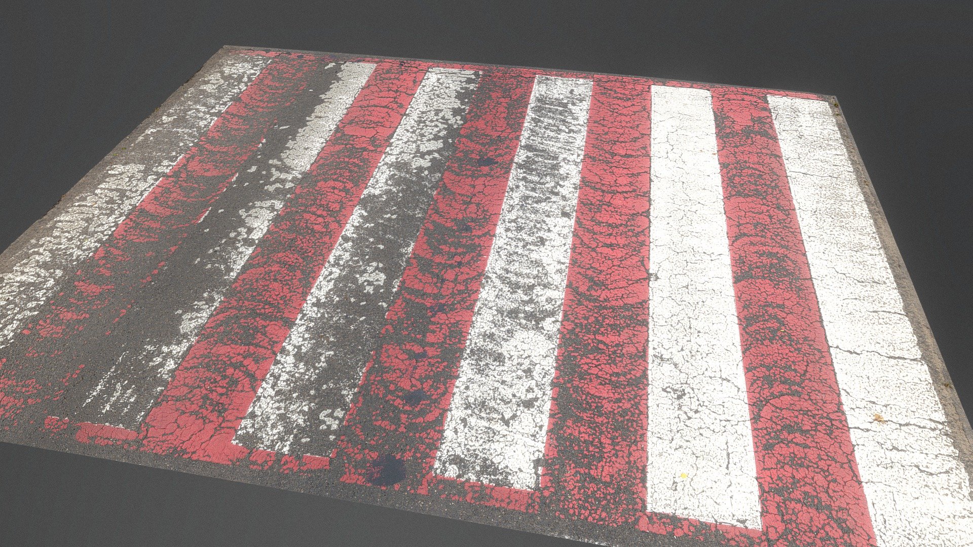 Red and white zebra pedestrian crossing crosswalk on asphalt road, weathered with frectures, wear and tear

photogrammetry scan (220x24mp), 3x16k textures + normals from 4m tris