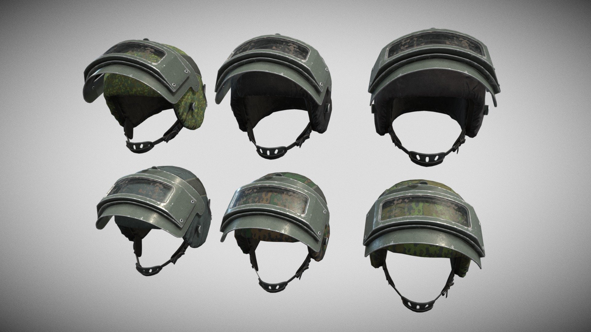 Game-Ready PBR low-poly model of a US modern helmet. All materials and textures are included. The textures of the model are applied with UV Unwrap. Normal map was baked from a high poly model. Including 3dsmax and Blender, OBJ and FBX.

2982 polygons
5370 triangles
2828 vertices

Maps:

helmet_AO.tga, helmet_Glossiness.tga, helmet_Roughness.tga, helmet_Metallic.tga, helmet_Curvature.tga,helmet_Specular.tga, helmet_Normal.tga, helmet_BaseColor_01.tga &hellip; helmet_BaseColor_06.tga, helmet_Diffuse_01.tga &hellip; helmet_Diffuse_06.tga (4096x4096)

helmet_glass_BaseColor.tga, helmet_glass_Diffuse.tga, helmet_glass_Glossiness.tga, helmet_glass_Metallic.tga, helmet_glass_Normal.tga, helmet_glass_Opacity.tga, helmet_glass_Roughness.tga, helmet_glass_Specular.tga (2048x2048)