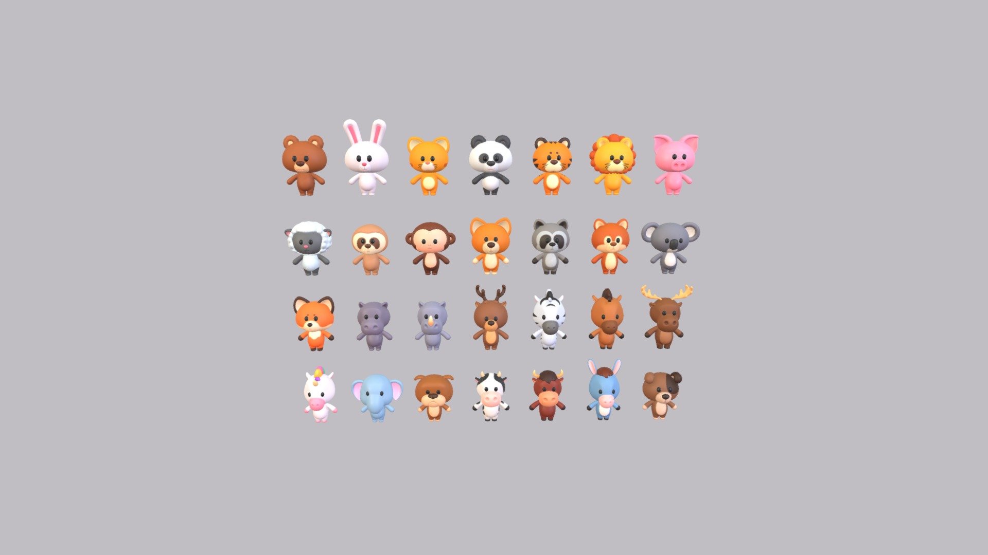 Cartoon Animal Character Pack 3d model.      
    


28 Animals  

- Bear  

- Cat  

- Pig  

- Rabbit  

- Squirrel  

- Dog  

- Tiger  

- Panda  

- Lion  

- Fox  

- Cow  

- Raccoon  

- Monkey  

- Moose  

- Elephant 

- Hippopotamus  

- Bull  

- Koala  

- Horse  

- Rhinoceros 

- Zebra  

- Unicorn  

- Sheep  

- Bulldog  

- Reindeer  

- Jack Russell Dog  

- Donkey  

- Sloth  


File Format      
 
- 3ds max 2023  
 
- FBX  
 


Clean topology    

No Rig              

No Animation              

Non-overlapping unwrapped UVs        
 


PNG texture               

2048x2048                


- Base Color                        

- Normal                            

- Roughness                         

