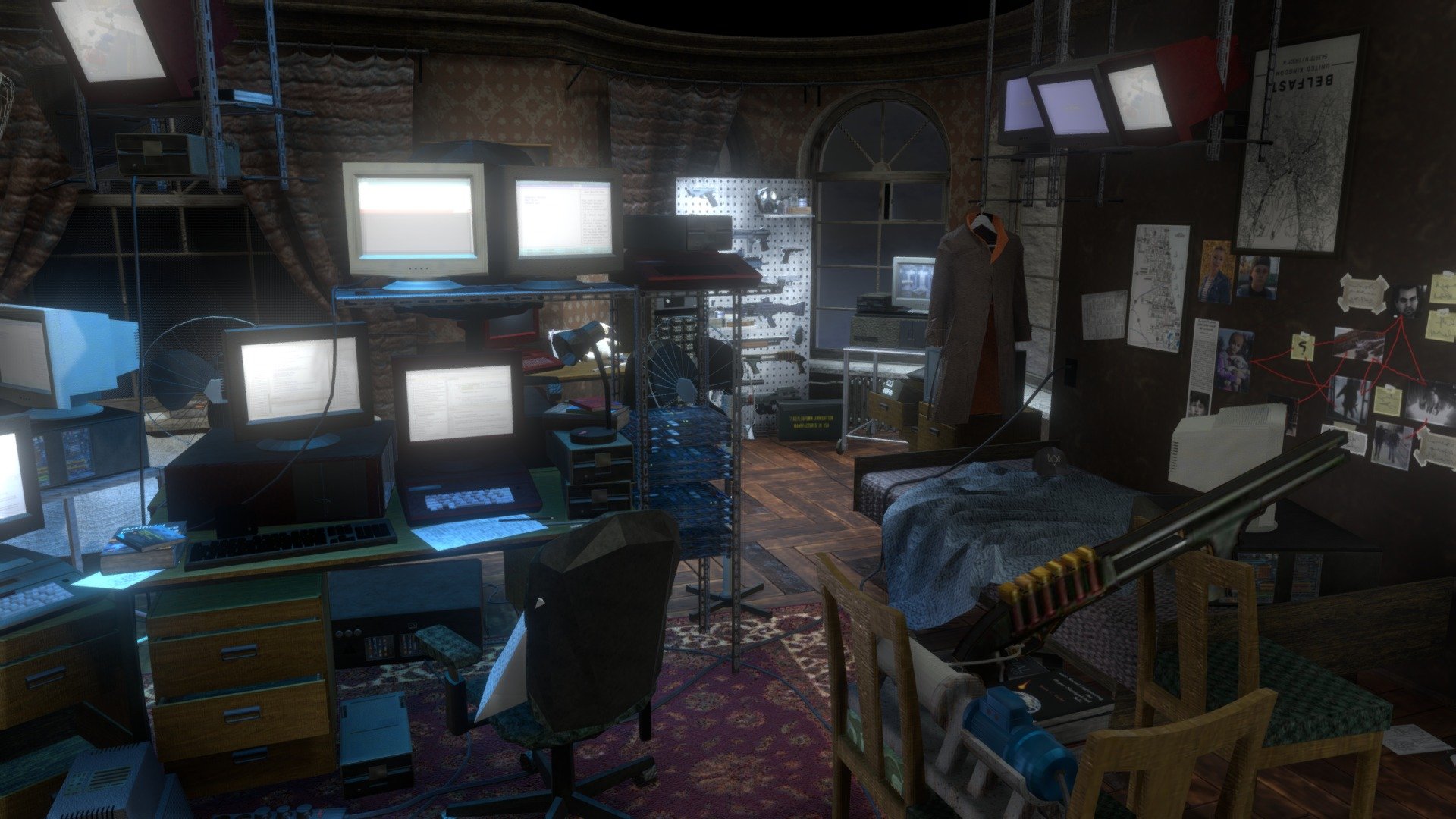 This interior is based on the character Aiden pearce from Watch_Dogs (2014). I imagined his hideout to be packed with electrical equipment, booby-trapped to prevent intruders, and look as though it belongs to an obbsessive and paranoid madman who also has no time to tidy up. 

Enviromental storytelling features:




Framed photo of Lena Pearce (deceased neice) who fell victim to Aiden's actions. 

Lena's teddy and bracelet she might have had.

Investigation wall.

Aiden's coat hung up on a hanger.

Map of Belfast (where Aiden grew up).

Map of Chicago (where game is set).

Makeshift booby-trap where a shotgun is set to be triggered to shoot if an intruder comes in.

ctOS surveillance footage of nearby areas.

Framed picture of the Cloud Gate (iconic Chicago sculpture).

Books on big cons, social engineering, psychology and intimidation tactics.

A safe to keep all his stolen, undeclared money.

Server tower to keep confidential files on.
