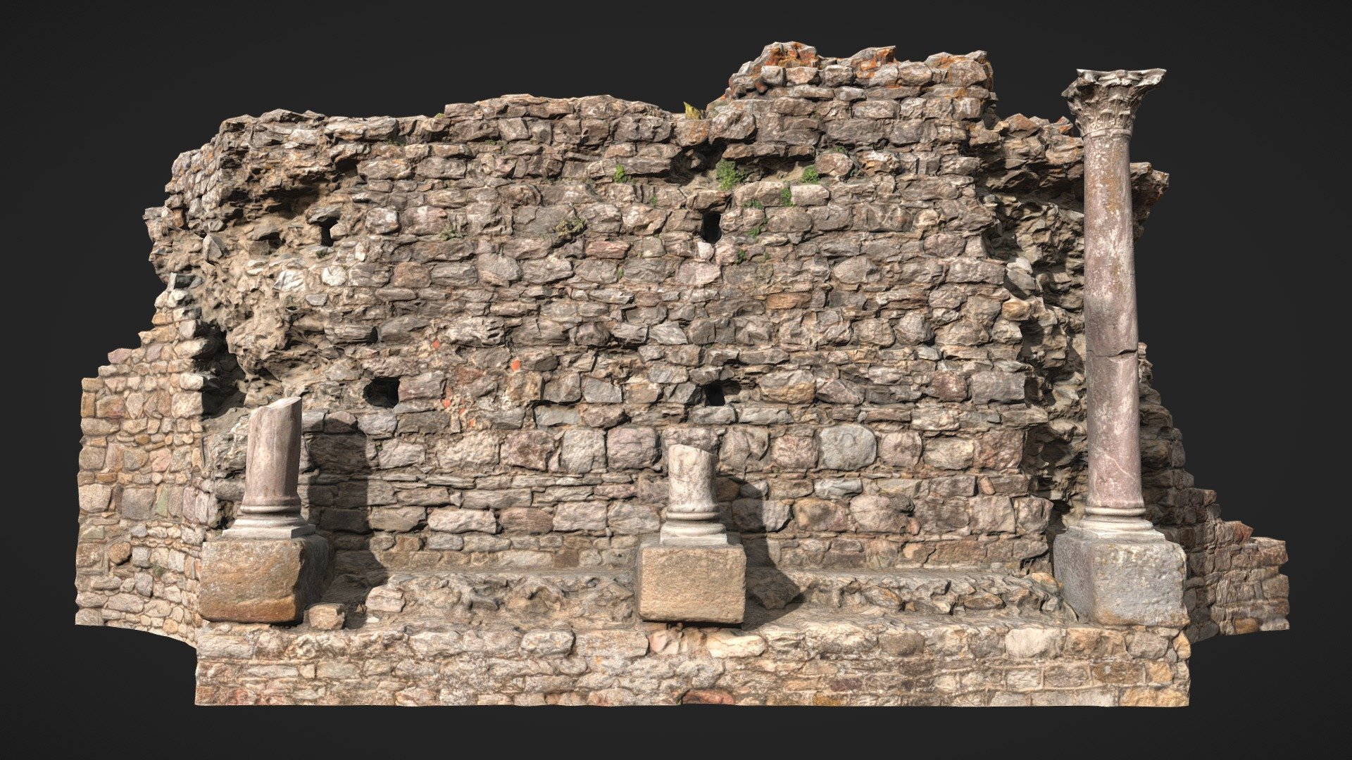 A part of a old roman colosseum. Scanned in the south of Spain.

This is the one model of three wall pieces I've scanned from the colosseum.

Captured in neutral lighting conditions. Feel free to rotate the lights.

Stone bridge scan with 8K PBR textures:




Albedo

Normal

Roughness

Displacement

Ambient Occlusion (4K)

Rendered in Cycles with displacement + adaptive subdivions:


Additional Files contain:




blender source file + packed textures

.fbx

.obj

textures

Please let me know if something is not working as it should.

Realistic Castle Wall Ruin Scan