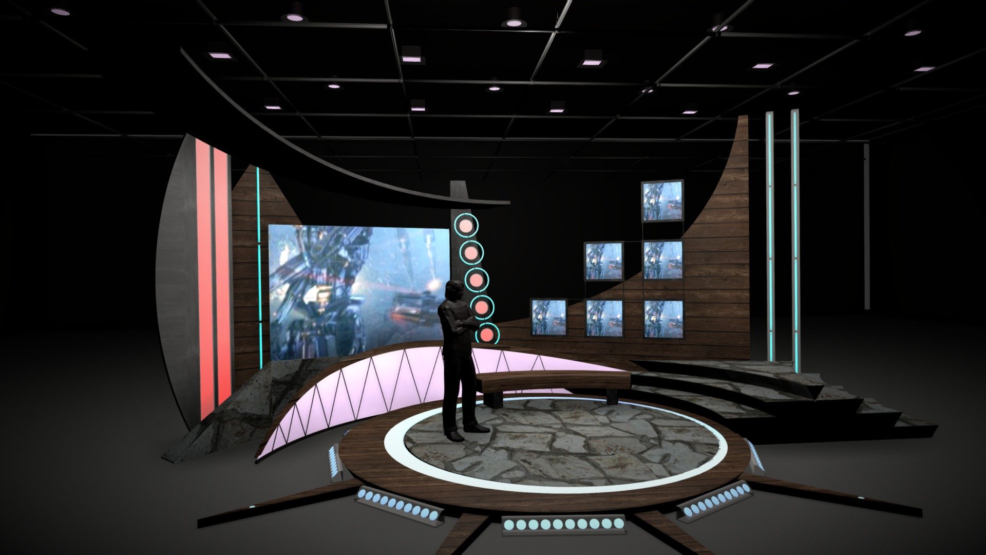 Virtual sets that are required for any modern show for TV channels.

Product Info;
- Is a high quality model to add more details and realism to the project. Suitable for 10x10ft (7x7m) physical studio. 
- Detailed drawings and plans Modeled in Real World Scale. 
- Post production studios can use the original formats to customize the studio to their preference. 
- Scene is ready to render with professional shaders and lighting. 
- All objects are ready to use in your visualizations.Originally created with 3ds Max 2010
- All Geometry Named Appropriately.
- All the objects, materials and textures of the model are properly named.
- Geometry: Polygonal
……………………………………

Formats;
max, c4d, obj, fbx, dxf, dae

Software;
.max - 2010 or higher
.max - 2014 or higher
Cinema 4D - R17 or higher

Renderers;
V-Ray *.max - 2. 0 or higher - with textures and shaders
VRAYforC4D - object prepared for  Cinema 4D R17 (with textures and shaders)
Cinema 4D - Standard renderer  (with textures and shaders)
……………………………………

Enjoy.