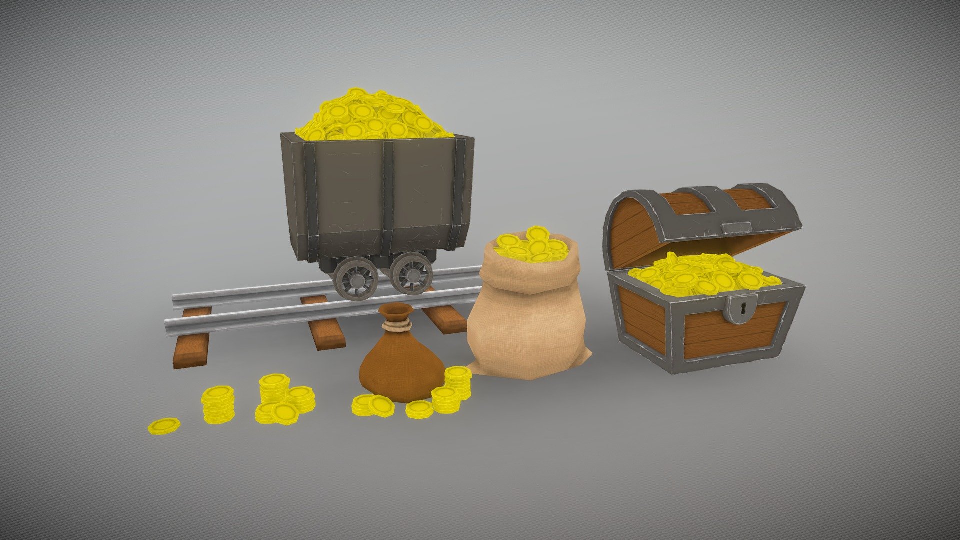 A collection of low poly coins for use in games. Grouped into layout sets for easy placement of assets in games. Includes; Coin puch, sack, treasure chest &amp; minecart.