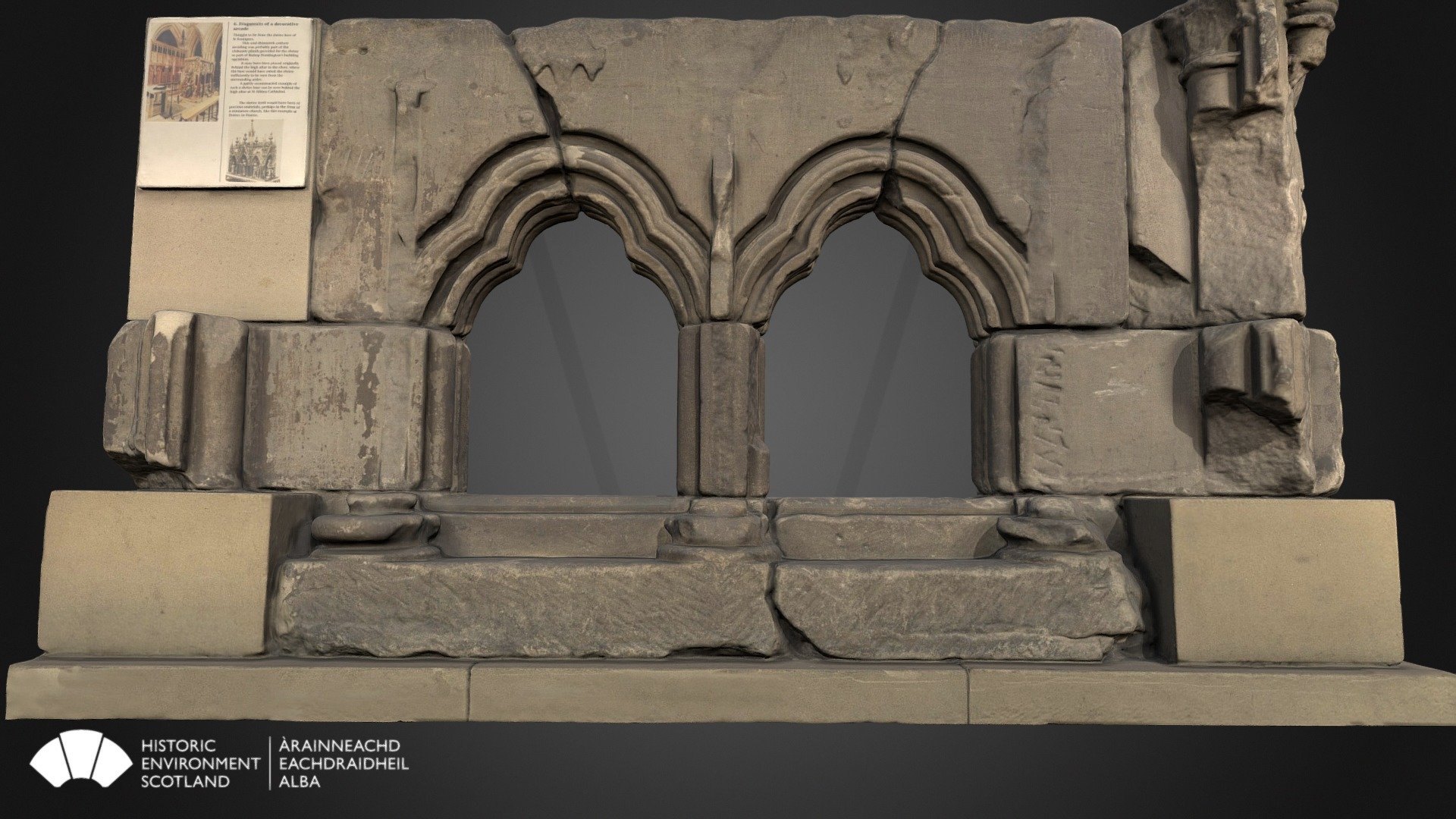 These arches once formed the base of a tomb or shrine in the early medieval church that is now part of Glasgow Cathedral. 

It may have been associated with the shrine of St Kentigern, the first bishop within the ancient British kingdom of Strathclyde, who died in 614. 

Arched structures like this were sometimes used to enclose holy relics so passing pilgrims could see and venerate them.

For information on visiting Glasgow Cathedral, see our website. 

534 x 420 x 380mm

GLA/o/1a-i | Rae Project