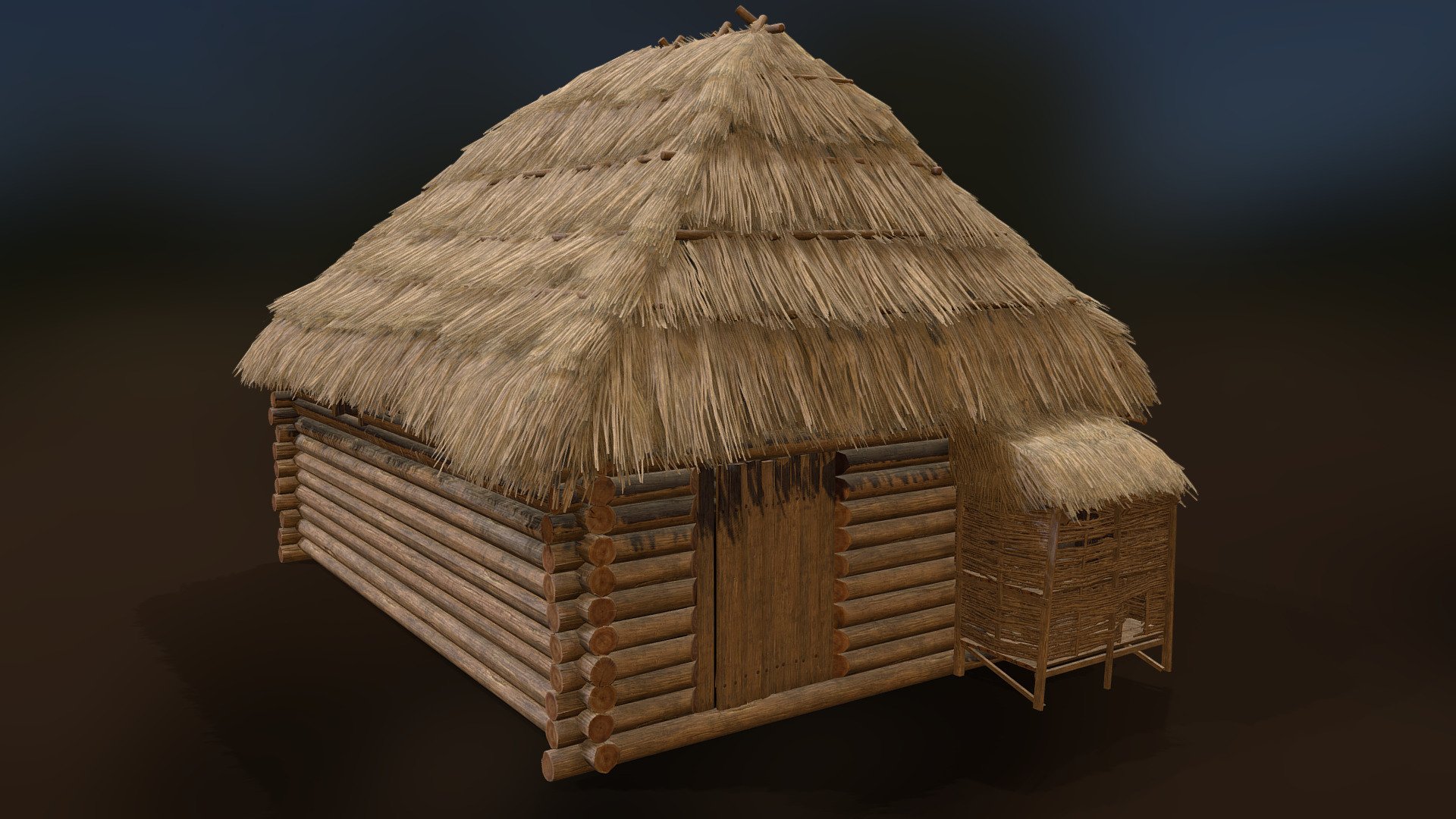 Wooden hut, with thatch roof.
All materials have seamless PBR textures. Materials contained: Wood, wood weave, thatch, wooden rings and thatch detail

Most of the base textures are in 2048x2048

Normal textures are in OpenGl format.

Model comes with a zip file containing a wood detail normal texture and a special RGB textures combining multiple grayscale textures into one.

If you have interest in textures alone, or have a request for similiar creations, send me an email at danylo.tzupa@gmail.com