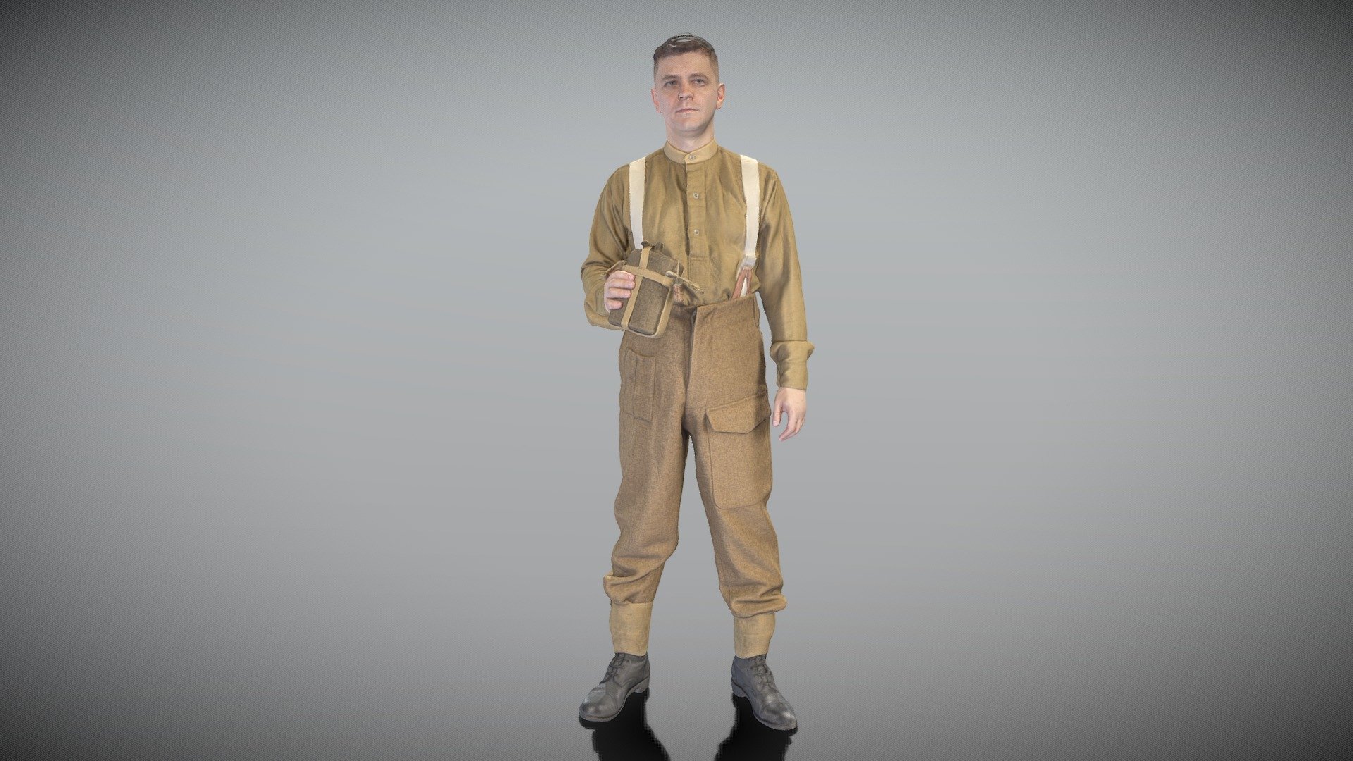 This is a true human size and detailed model of a British infantry character from 1940s. All props and suit are original. The model is captured in casual pose to be perfectly matching to variety of architectural visualization, background character, World War 2 reconstruction, performance, VR/AR content, etc.

Technical characteristics:




digital double 3d scan model

decimated model (100k triangles)

sufficiently clean

PBR textures: Diffuse, Normal, Specular maps

non-overlapping UV map

Download package includes Cinema 4D project file with Redshift shader, OBJ, FBX files, which are applicable for 3ds Max, Maya, Unreal Engine, Unity, Blender, etc. All the textures included into the main archive.

BONUSE: in this package you will also get a high-poly (.ztl tool) clean and retopologized automatically via ZRemesher 3d model in zBrush, thus youll be able to make your own editing of the purchased 3d model.

3D EVERYTHING