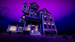 Spooky Haunted House tree, scene, victorian, inkscape, ornate, manor, jack-o-lantern, haunted, old, krita, cobweb, hauntedhouse, medium-poly, blender, pbr, house, stylized, ghost, halloween, pumpkin, spooky, halloween-2020, hauntedhousechallenge, noai